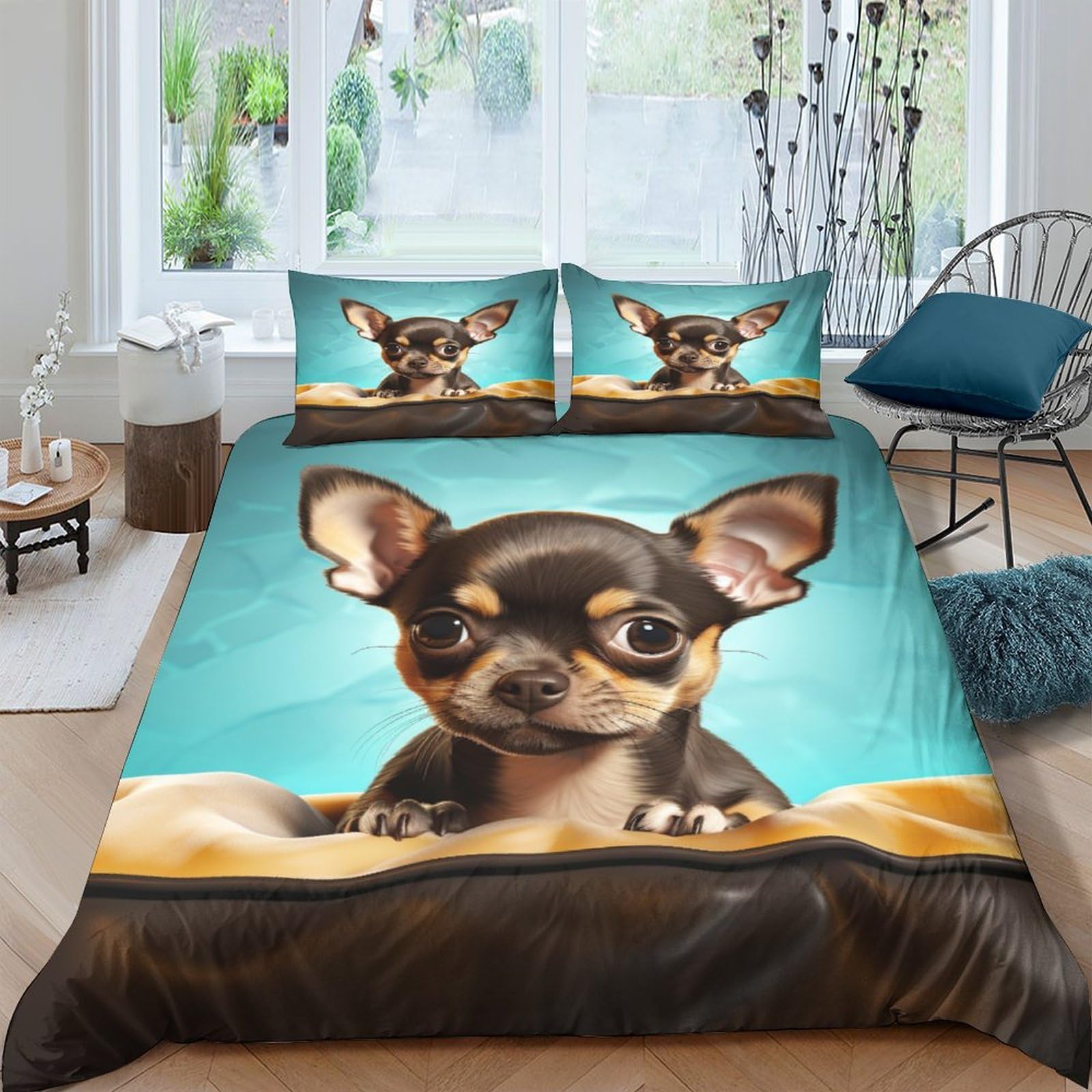 Parure de lit Chihuahua 3D housse de couette imprimée microfibre 220x240cm avec taies d'oreillers