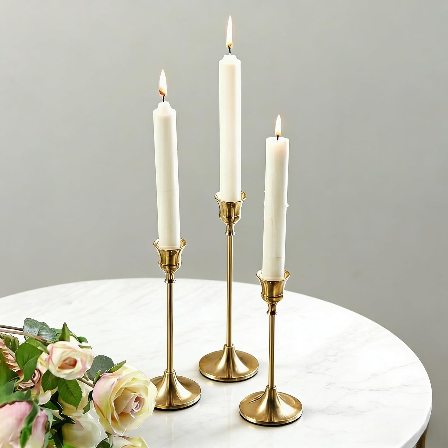 4 Sets(12 Pcs) Candle Stick Holders，Brass Gold Metal Taper Candle Holders, Vintage Modern Decorative Centerpiece Candlestick Holders for Table Mantel Wedding Housewarming Gift