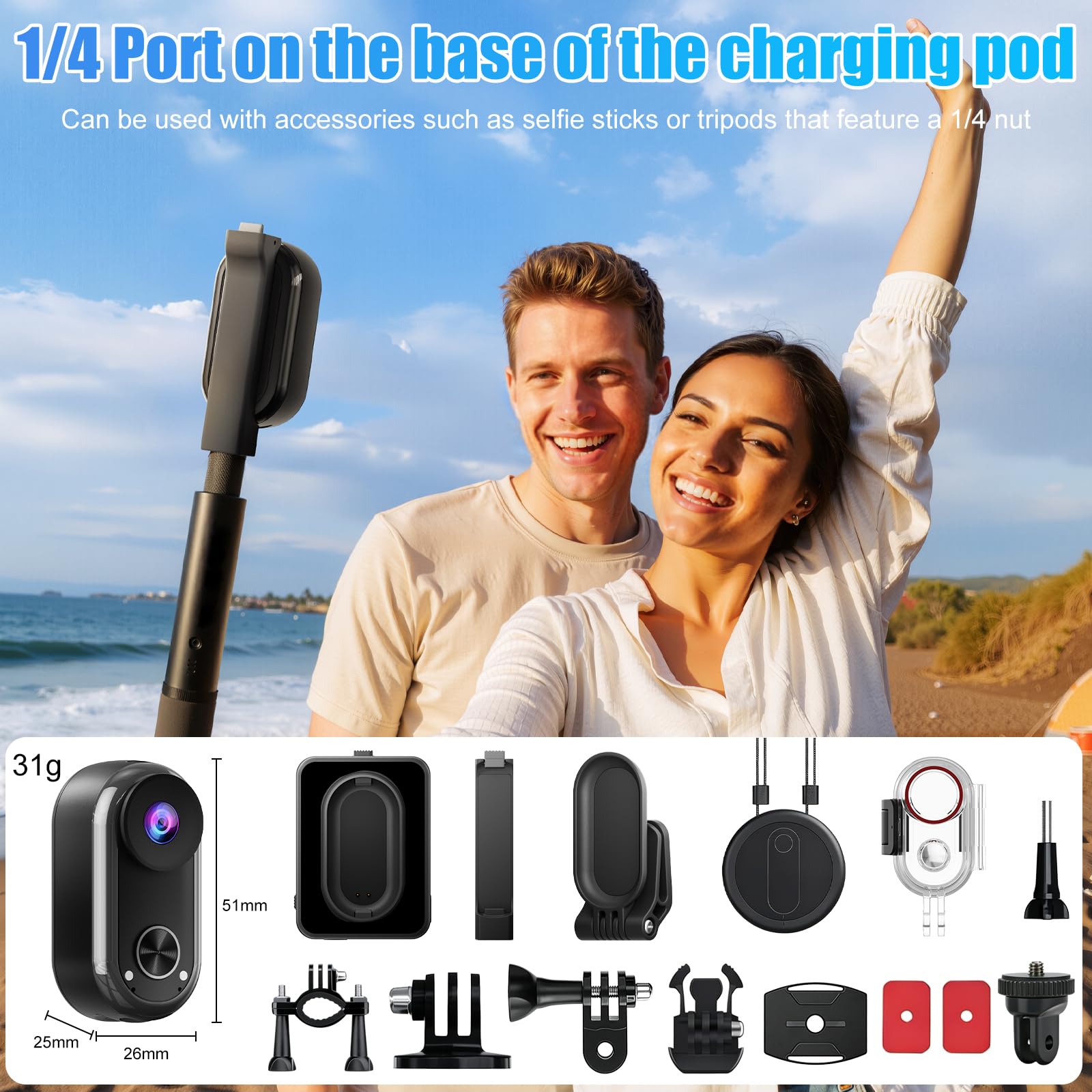 OBEST Cámara Deportiva 4K Estabilizador Mini Camara Acción WiFi Impermeable, 360 Bodycam Cámara Corporal Subacuática, Camara Casco Moto Magnético Action Camera POV para Vlog Diaria Esquí Natación