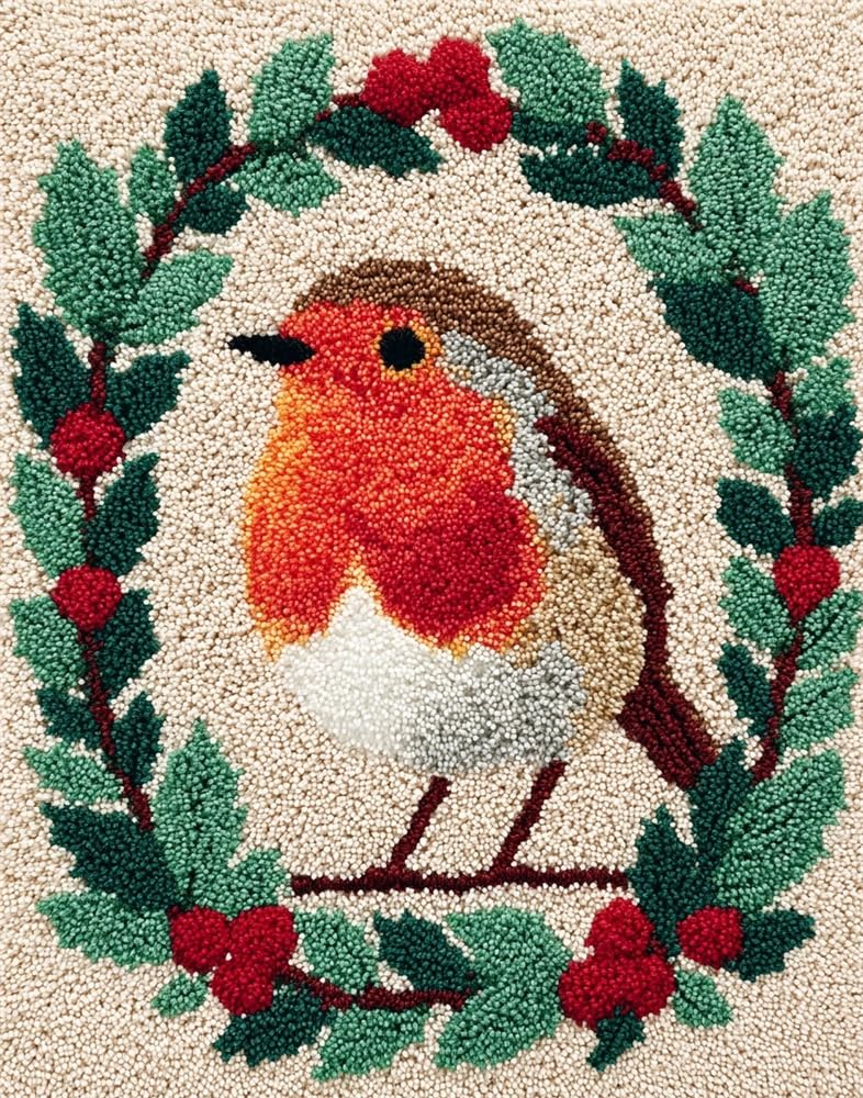 FWRTYCB Latch Hook Rug Kits,Robin Standing Inside a Wreath
