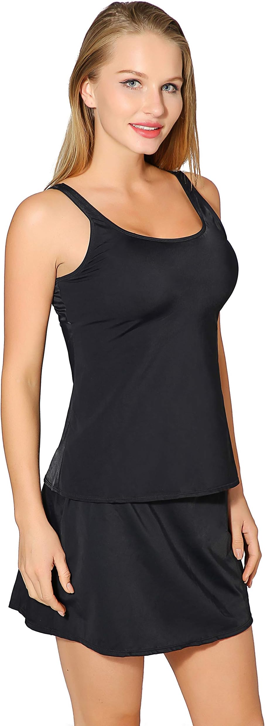 Saejous Women's Plus Size Two Piece Tankini Top Set Bathing Suits Swimdress Swimsuit Skirtini,Black,US 24W