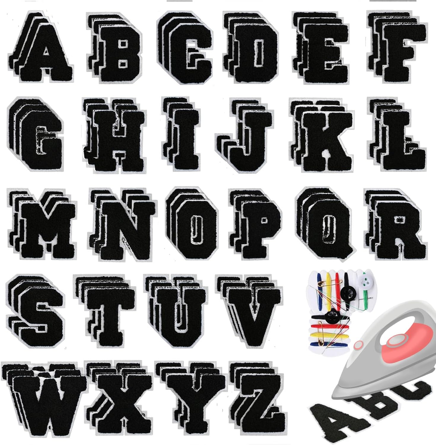 78 Pcs 2.7 Inch Chenille Letter Iron On Patches Sew On Chenille Varsity Letter Patches A-Z, Washable Fabric Letters for DIY Clothing Repairing Hats Shirts Shoes Jeans Bags(Black)