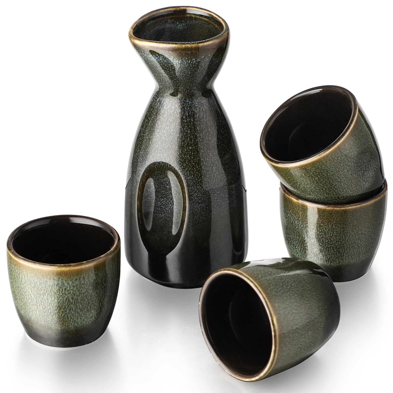Lot de 1 pot à saké en céramique pour chauffe-liqueur et 4 gobelets à saké (vert noir)