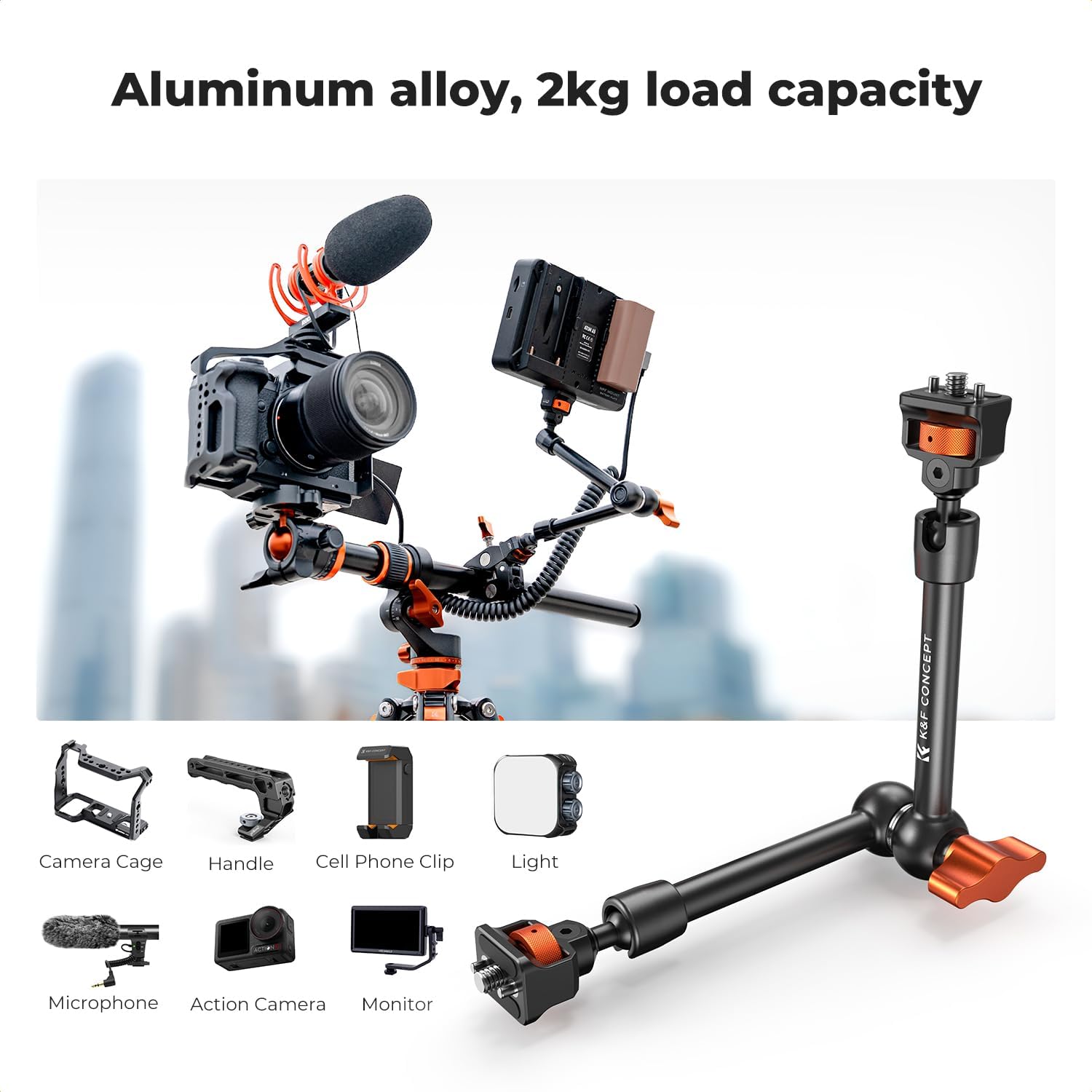 K&F CONCEPT 11" Magic Arm Clamp Kit with ARRI 1/4" & 3/8" Thread Screw, 360° Ball Heads Arm with Clamp Mount for DSLRs, Camera Cage, Monitor, LED Light, Webcam, Action Camera - Image 2