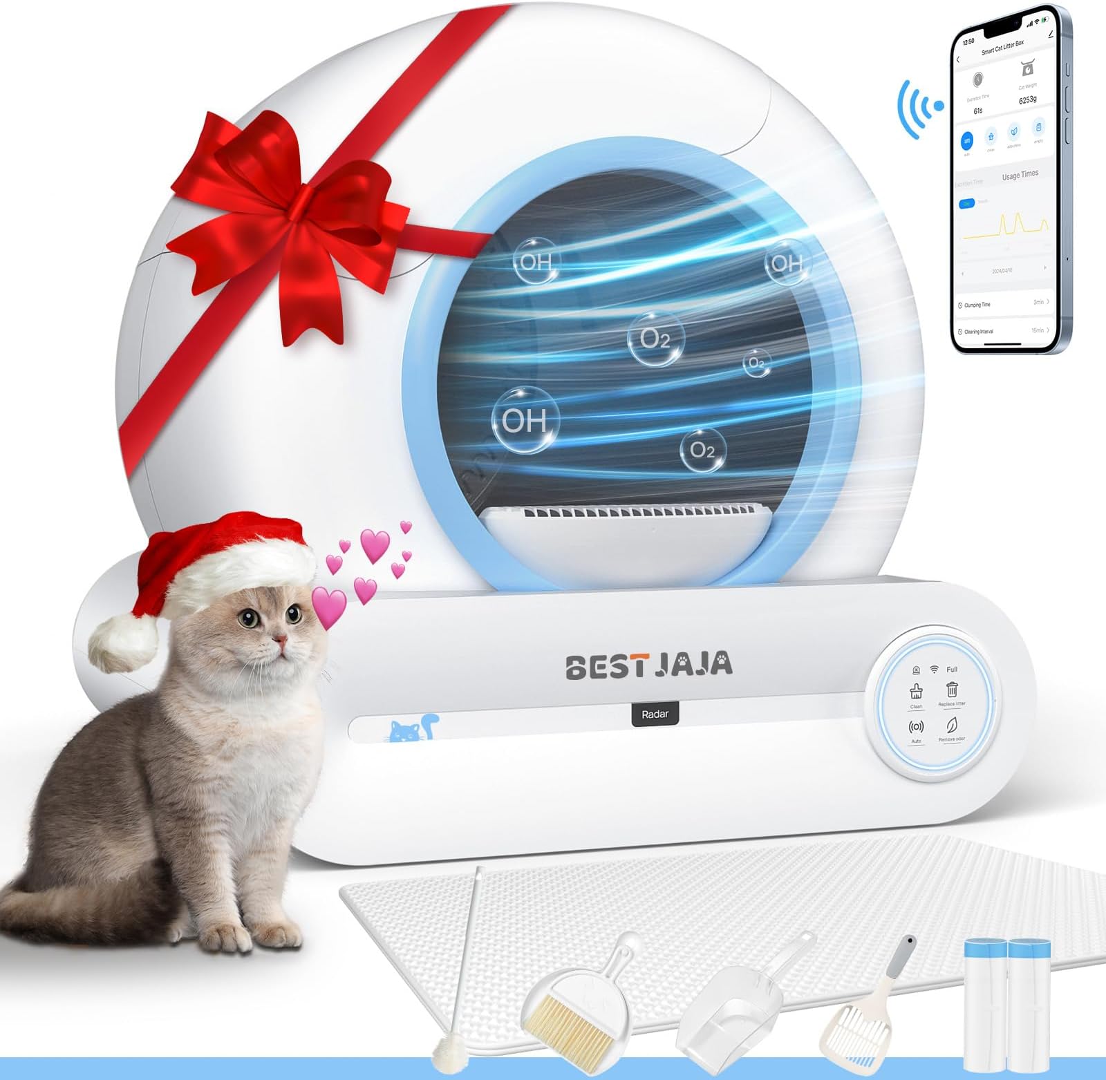 Self Cleaning Litter Box, 2024 Upgraded Automatic Cat Box with Mat & Multiple Cleaning Tools, 68L+9L Large Capacity Litter Box Robot, Suitable for Multiple Cats, APP Control (Blue)