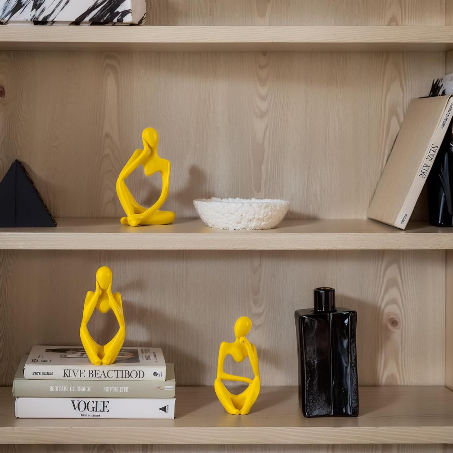 Yellow Thinker Statue Set of 3 - Yellow Statue Decor for Table, TV Stand, Shelf, Desk - Resin Figurines for Living Room, Minimalist Bookcase Decorative, Modern Sculpture, Home Accents image 3
