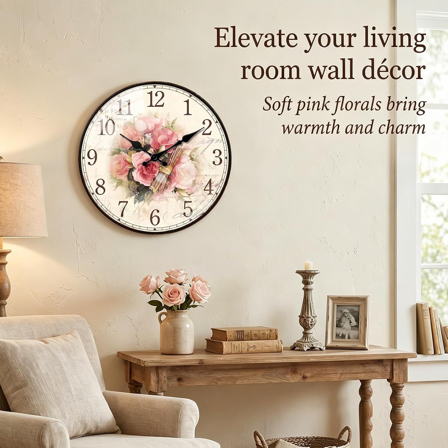 12in Wooden Floral Wall Clock Battery Operated Silent Home Decor