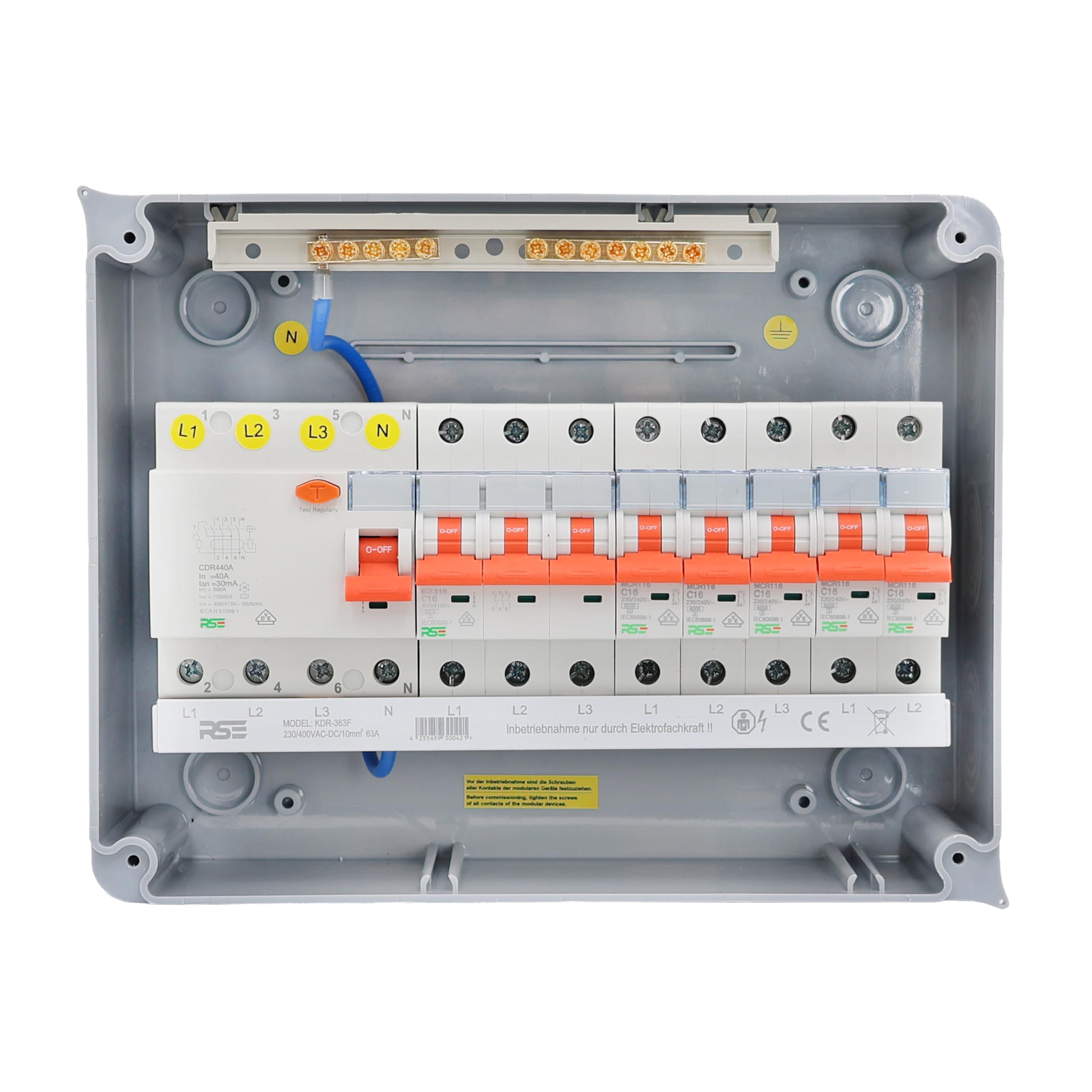 RSE Unterverteilung mit FI oder LS oder MID Zähler Stromverteiler Verteilerkasten Aufputz IP65, 5x LS 1P C16A, 1x LS 3P C16A, 1x FI 4P 40A, Aufputz 12 Module