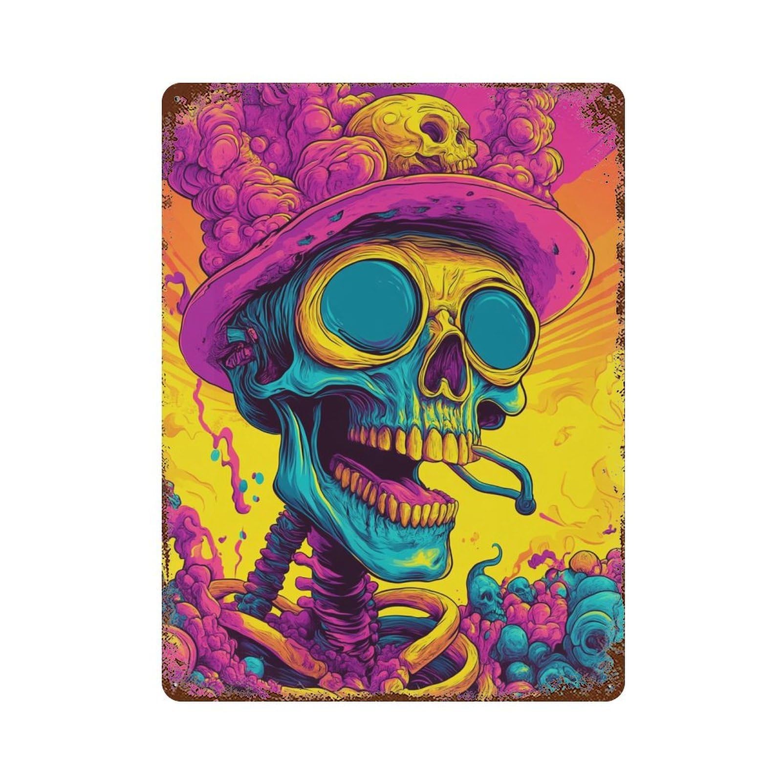 Vintage Rust Metal Sign Psychedelic Skull Art Print-2 15.7"x11.8", Industrial Home Decor for Farmhouse, Kitchen And Entryway Decor