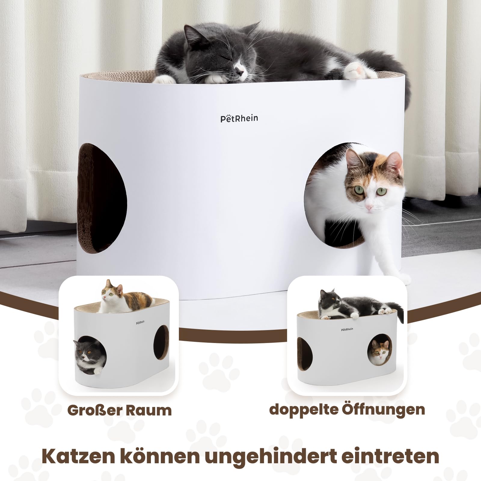 Kratzbrett für Katzen aus Kratzpappe,3-in-1 großes Katzenhöhle mit Kratzmatte & Katzenbett – 64 x 35 x 36 cm– Stabiles Kratzpappe, Minimalistisches Kratzmöbel für Katzen