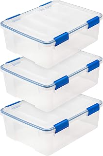 IRIS USA 26.5 Qt WeatherPro Storage Bins, 3 Pack - Weathertight Stackable Totes with Secure Buckles, Clear/Blue for Bulky Items