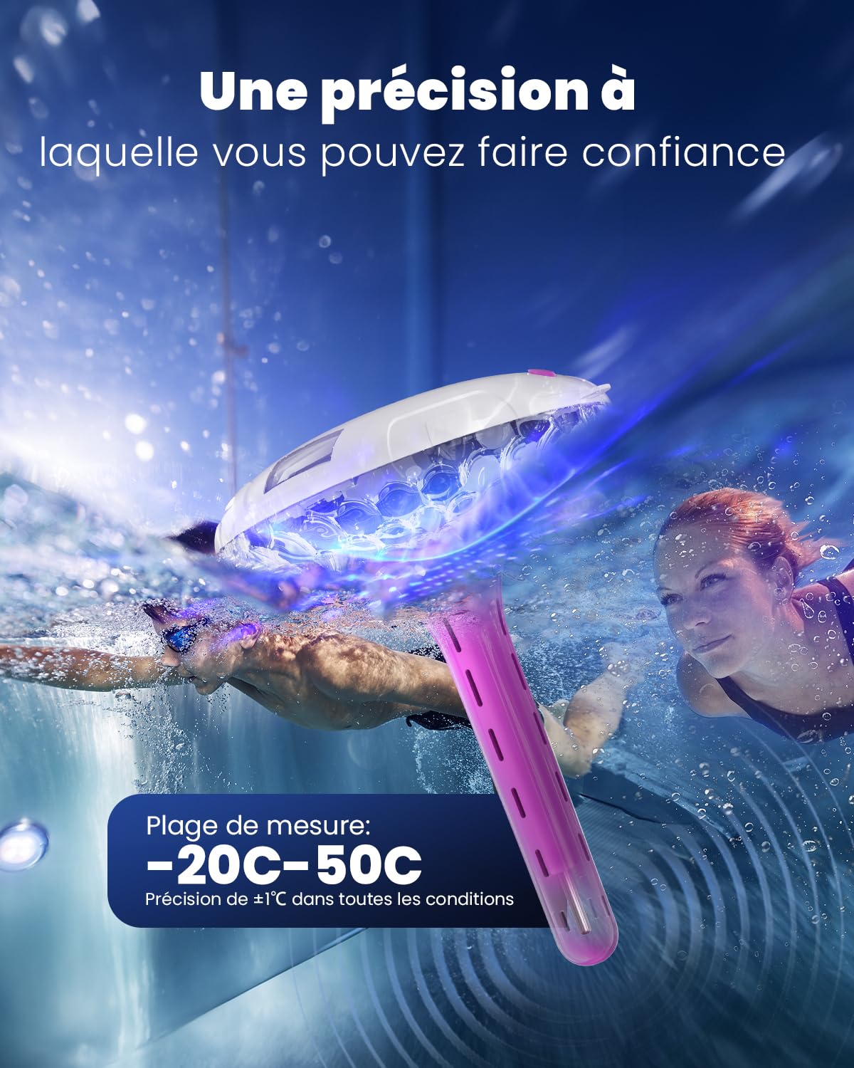 Lampe de piscine solaire avec double écran LCD, thermomètre de piscine flottant facile à lire, 8 effets lumineux dynamiques, thermomètre numérique étanche IPX7