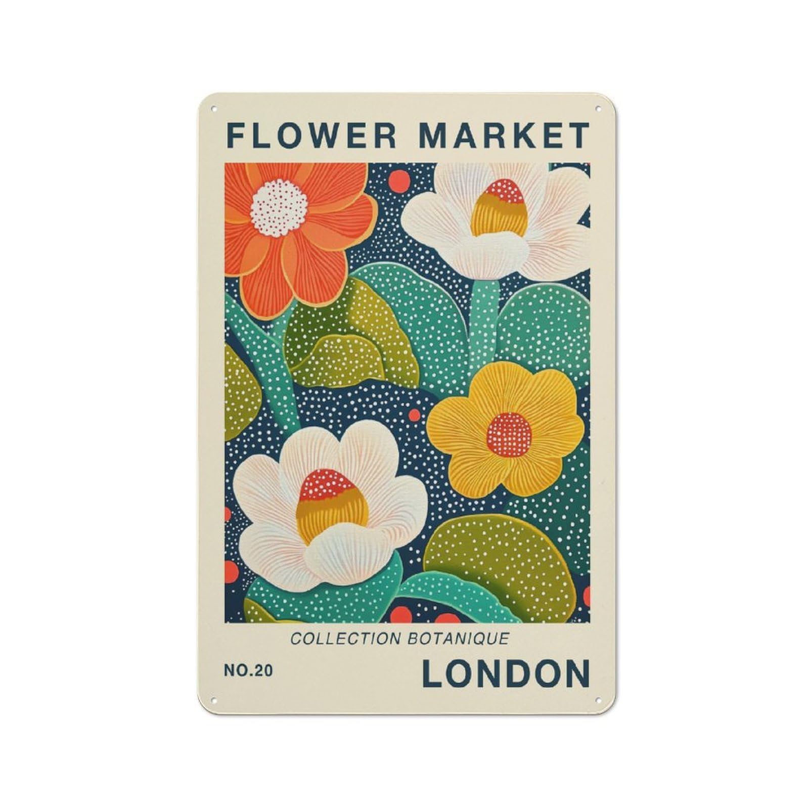 Junmoney Style-12 Tin Wall Plaque 30X20cm With London Flower Market Poster For Hallway Wall, Suited To Hallway Decor Lovers, For Retro Home Interiors