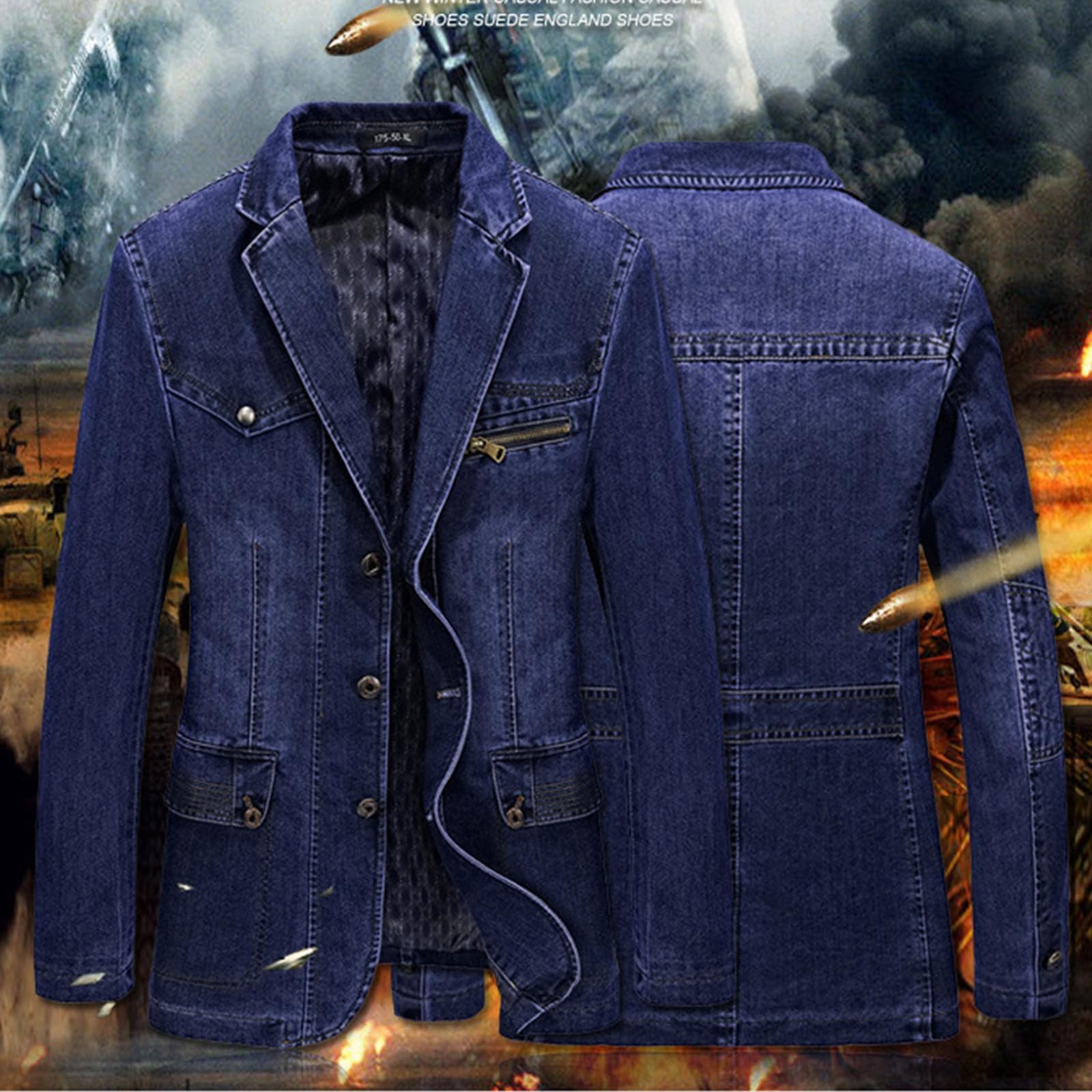 Giacca di Jeans da Uomo, Giubbino Uomo Primavera, Risvolto Manica Lunga Giacca di Costume Classico Denim Cotone Loose Tuta Affari Blazer Giacca con Tasche Giubbino Jeans Giacca in Denim Denim Jacket