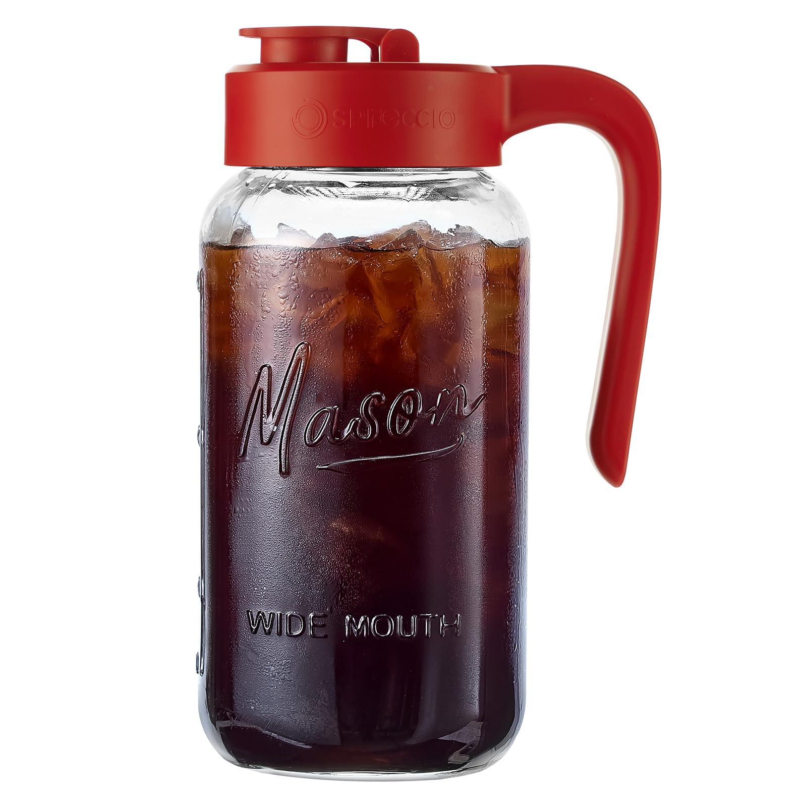 Spreccio Mason Jar Pitcher, 64 oz (2 quart), Glass Pitcher with Lid | Airtight, Leak proof, Ergonomic Handle, Pour Spout Lid, Fridge Safe, for Sun Tea, Iced Tea, Cold Brew, Lemonade, Outside