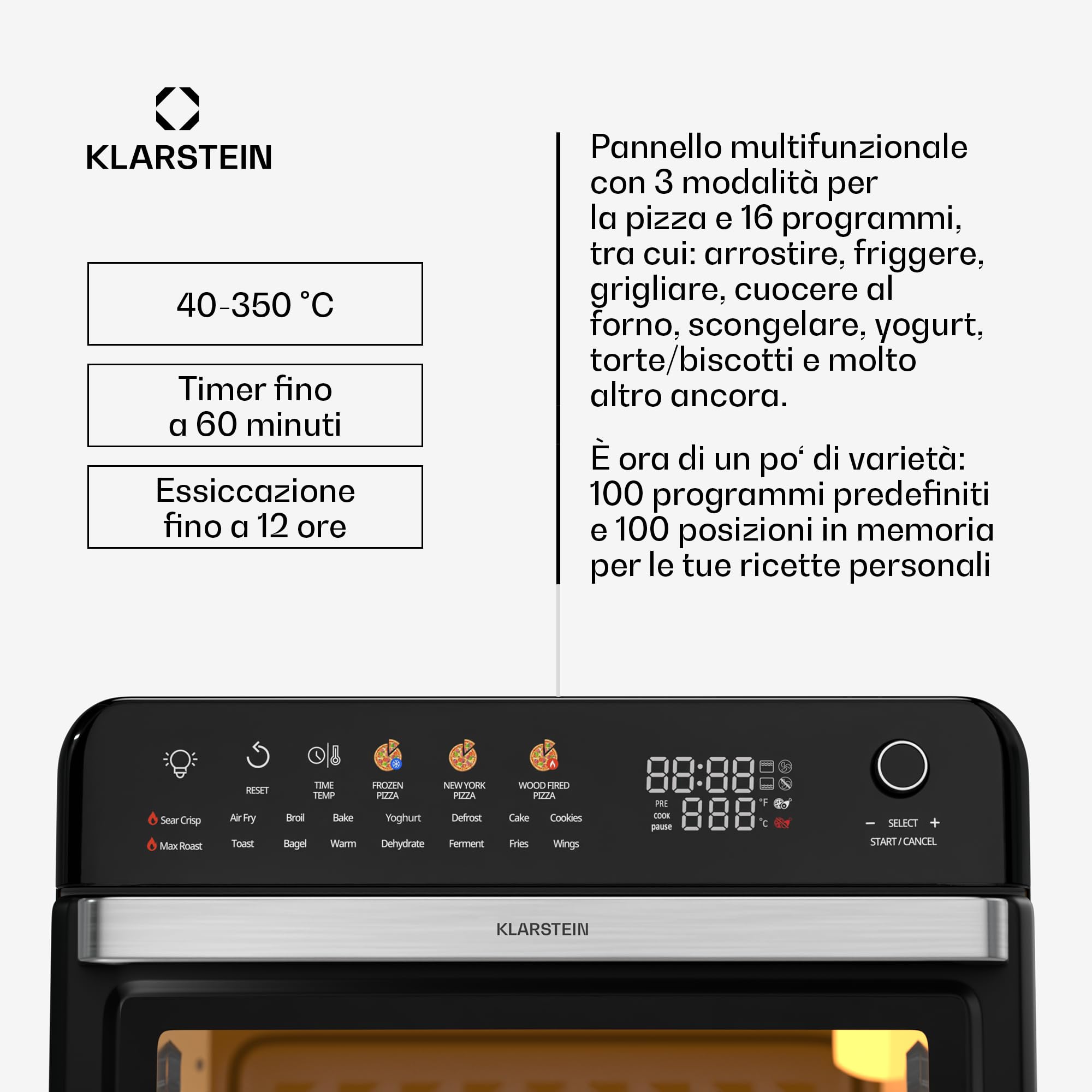 Klarstein AirGlaze - Friggitrice Ad Aria, 34L, Fornetto, 2,000W, 19 Programmi, Display Digitale, Funzione Girarrosto, Accessori Rimovibili, Sportello A Doppio Vetro, Nero