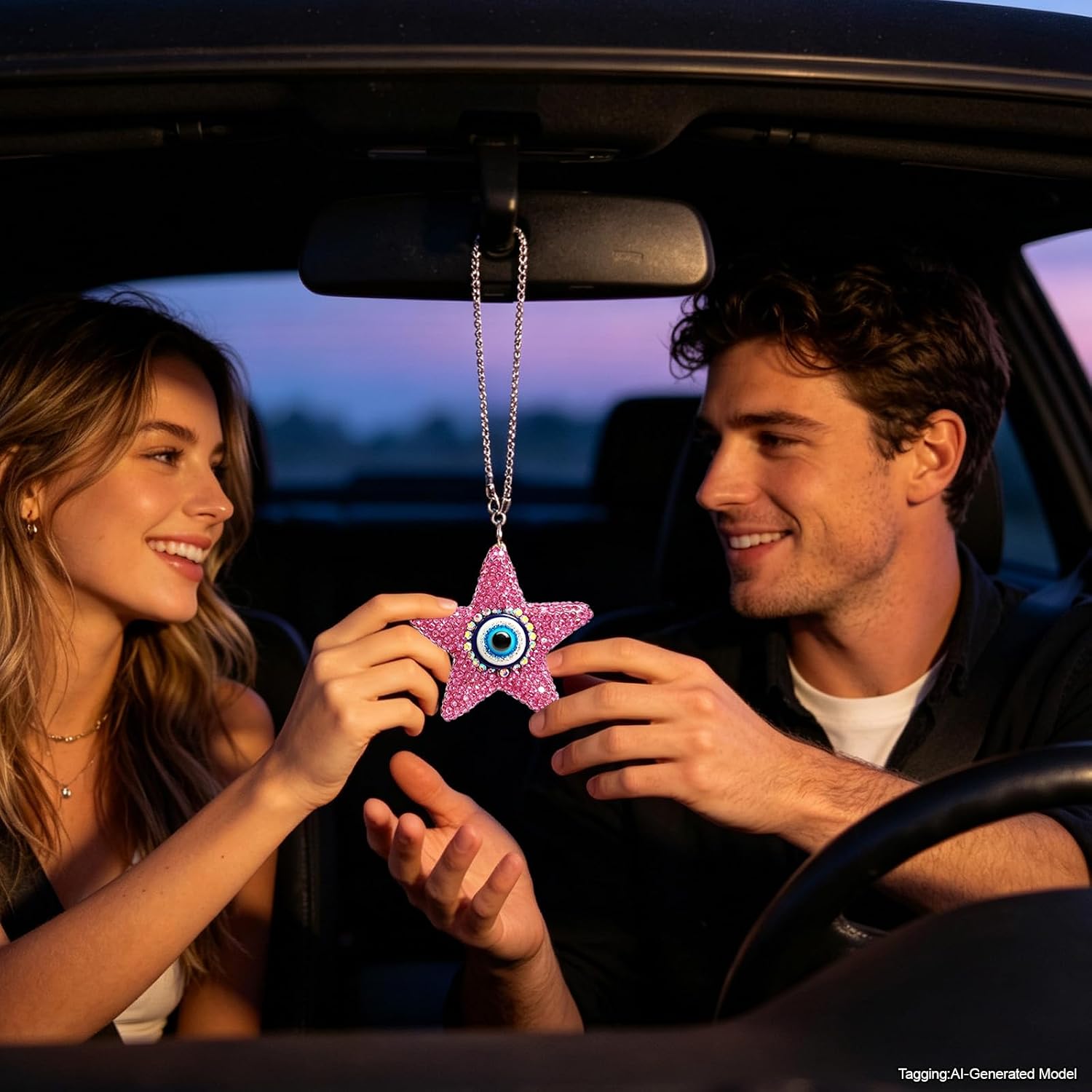 Evil Eye Pentagram Crystal Car Charm, Pink Star Rearview Ornament image 5