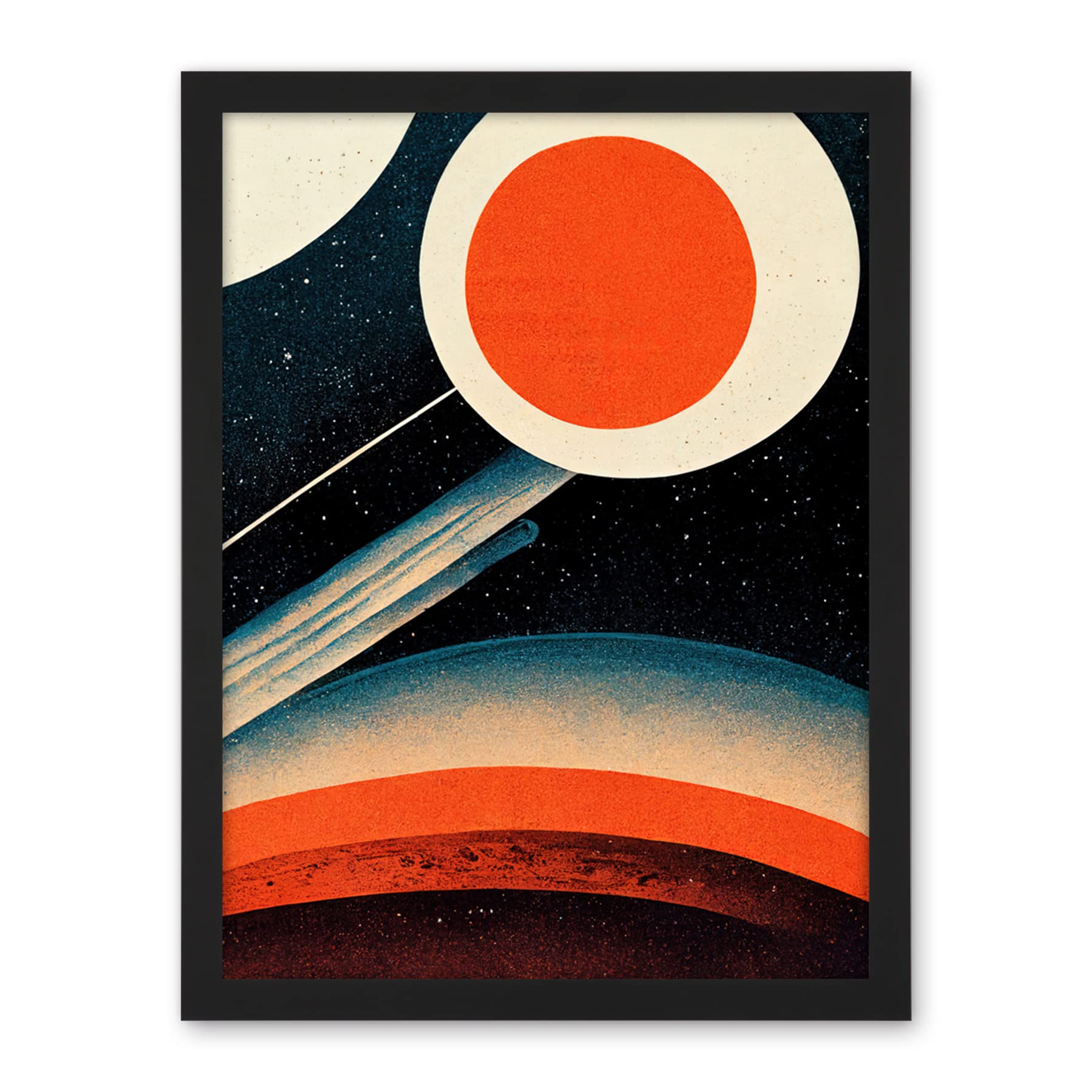 Wee Blue Coo Retro Boho Space Starscape Abstract Mid Century Style Navy Teal Orange Cream Artwork Framed Wall Art Print 18X24 Inch