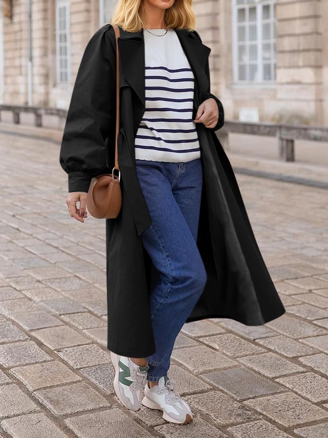 Tankaneo Womens Long Trench Coat Fall Fashion Oversized Double Breasted Lapel Overcoat Outerwear with Belt - Image 2