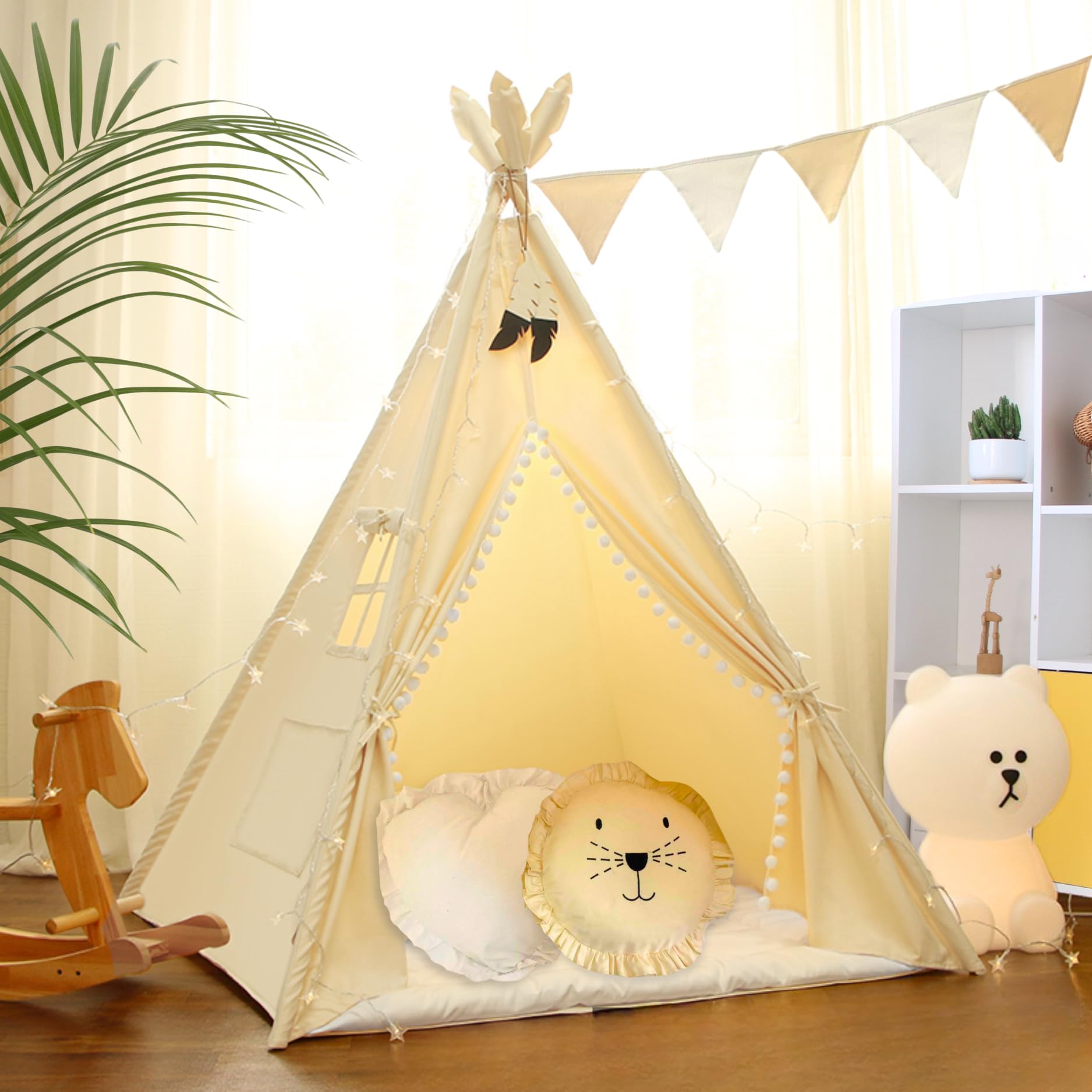 LIONHERZ® DAS ORIGINAL Tipi Zelt für Kinder aus 100% Baumwolle mit Matte, Stabilisator, Federdeko, Tasche, Wimpelkette & 2Kissen [Stabil] Spielzelt Kinderzimmer | Indoor Kinderzelt| Tippi (großes Set)