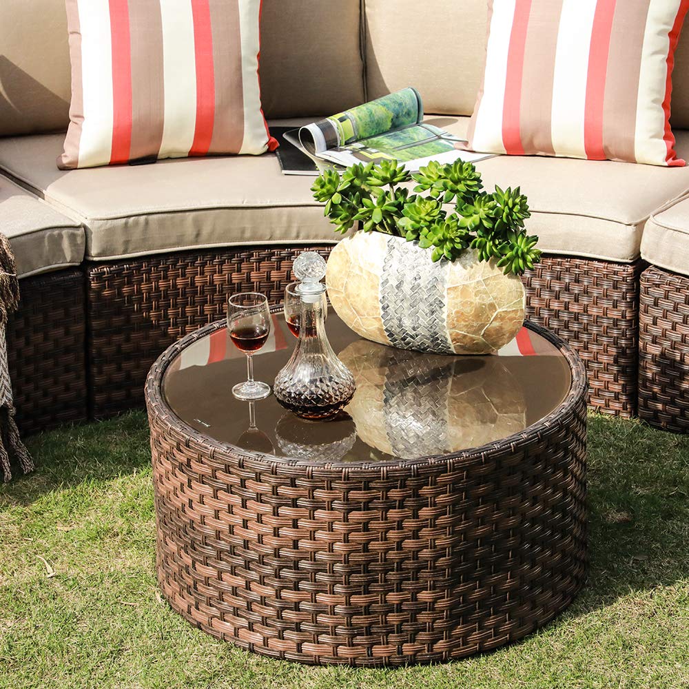 7-Piece Outdoor Half-Moon Curved Patio Sectional Sofa Set | with 2 Glass Top Wedge Side Tables Windproof Slip-Over Beige Cushions All-Weather Brown PE Wicker for Backyard Deck product thumbnail 7
