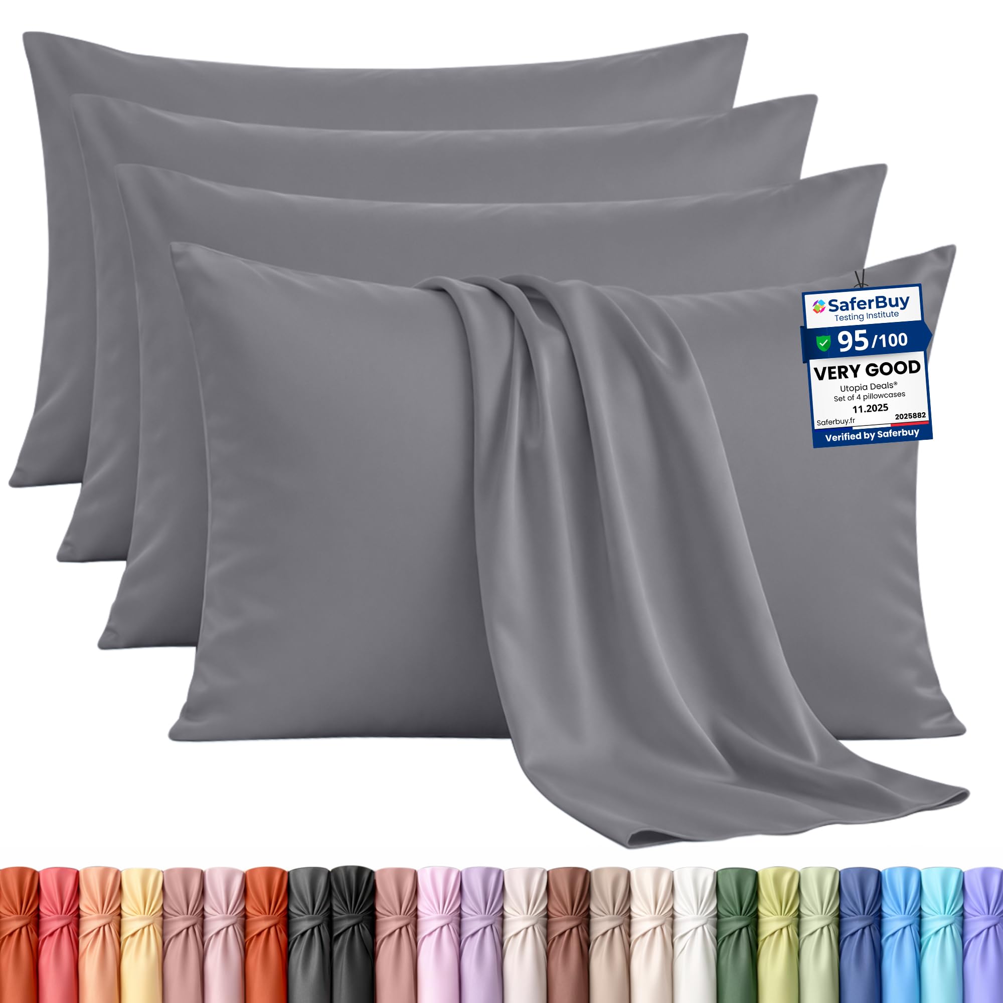 Utopia Bedding - 4 Pack Pillow Cases - OEKO-TEX - King Size 50x90 cm - 100% Brushed Microfiber Pillowcases with Envelope Closure, pillows not included - Wrinkle, Fade, & Stain Resistant - Grey