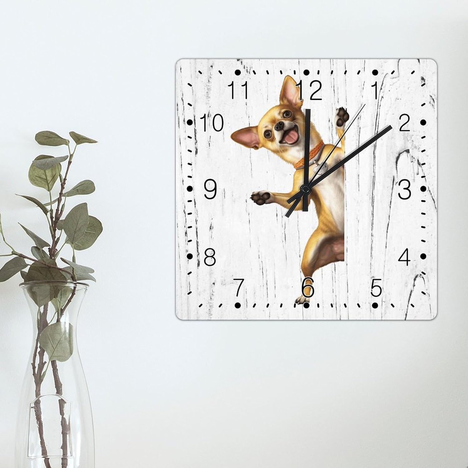 Chihuahua Decorative Wall Clock Chihuahua Dog Peeking ASquare Corner Wall Clocks Battery Operated Silent Clocks for Wall Gift for Dog Mom Wooden Clock for Kitchen Bedroom Office 15x15in