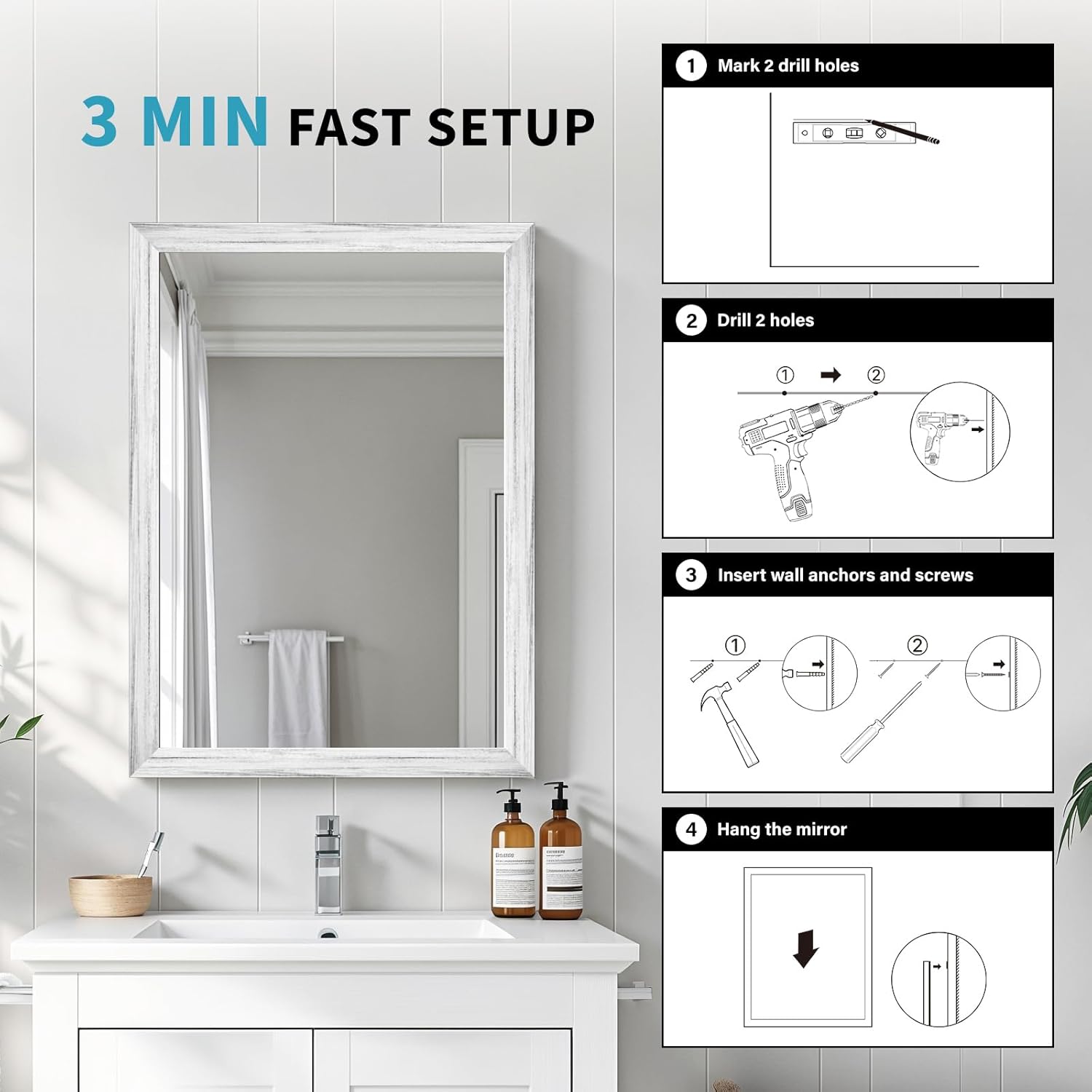 White Wood Effect Framed Wall Mirror, 20x30 Rectangle Mirror, 1/8" Anti-desilvering Tempered Glass, Sustainable& Sturdy Frame, Anti-Rust, HD Reflection &3min Fast Setup for Bathroom Living Room