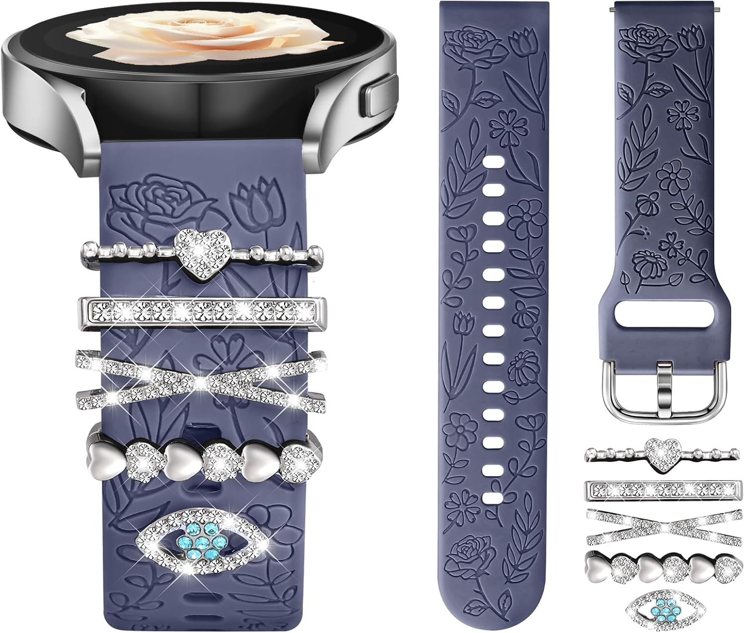 DaQin Flower Engraved Band Compatible with Samsung Galaxy Watch 7 Band/FE 6 5 4 40mm 44mm,Galaxy Active 2, 20mm Watch Band Soft Silicone Replacement Strap with Decorative Charms Accessories Women DaQin Flower Engraved Band Compatible with Samsung Galaxy Watch 7 Band/FE 6 5 4 40mm 44mm,Galaxy Active 2, 20mm Watch Band Soft Silicone Replacement Strap with Decorative Charms Accessories Women