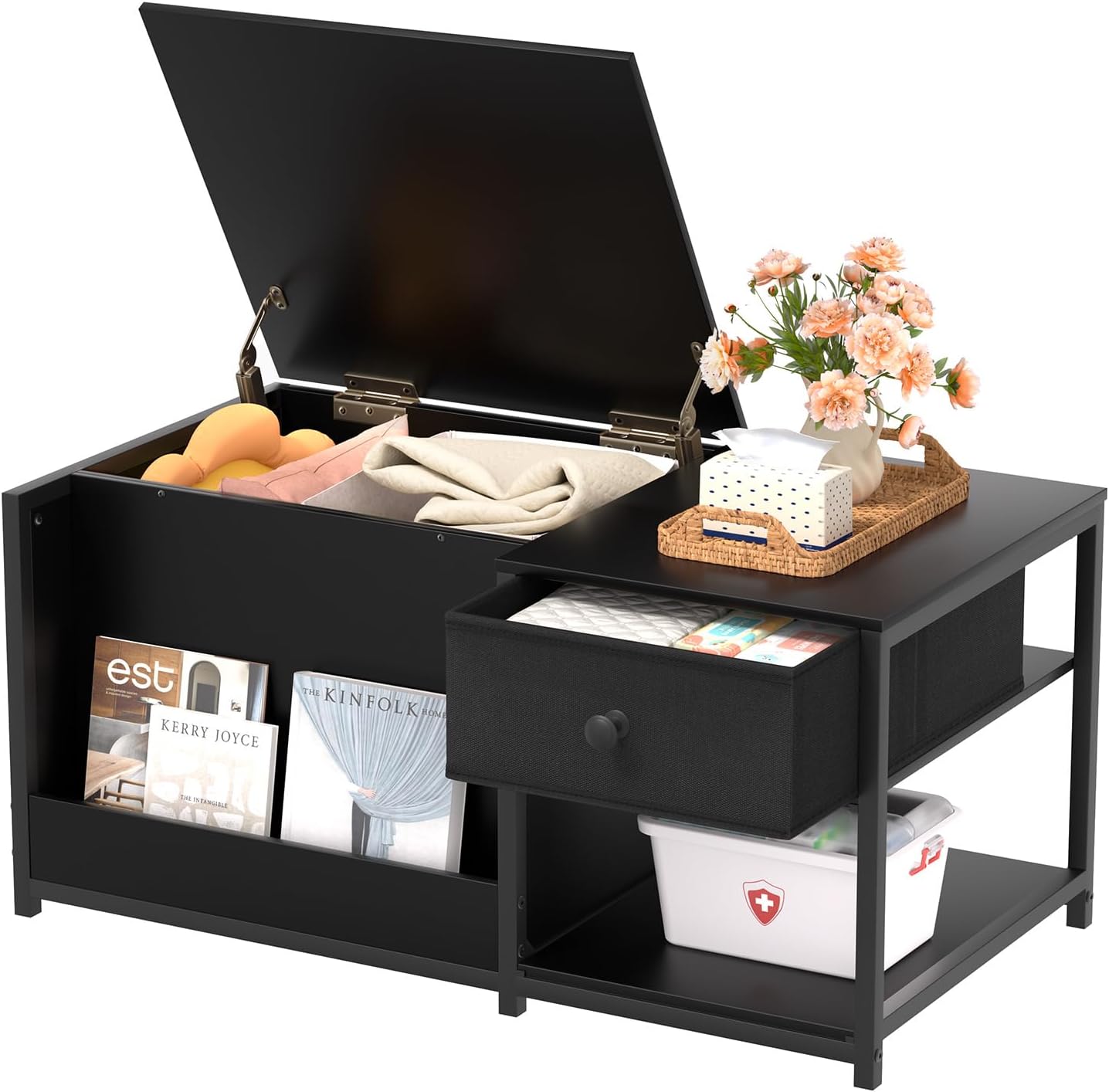 SINPAID Coffee Table with Storage, Rectangular Coffee Tables for Living Room, Modern Coffee Table with Hidden Storage Compartment and Adjustable Shelves, Black