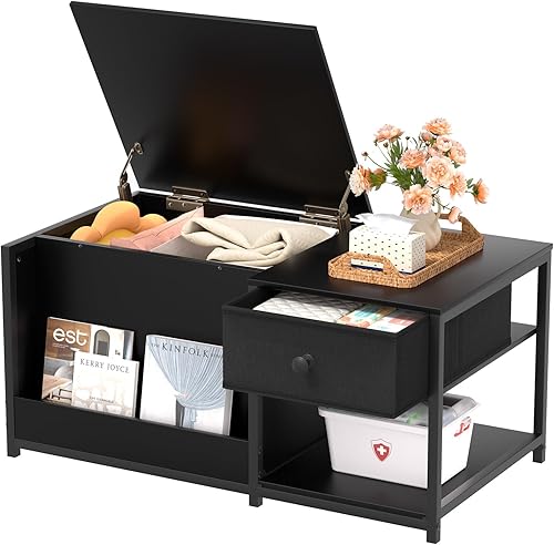 Miniatura 8 de SINPAID Mesa de centro con almacenamiento, mesas de centro rectangulares para sala de estar, mesa de centro de granja con compartimento de Gris