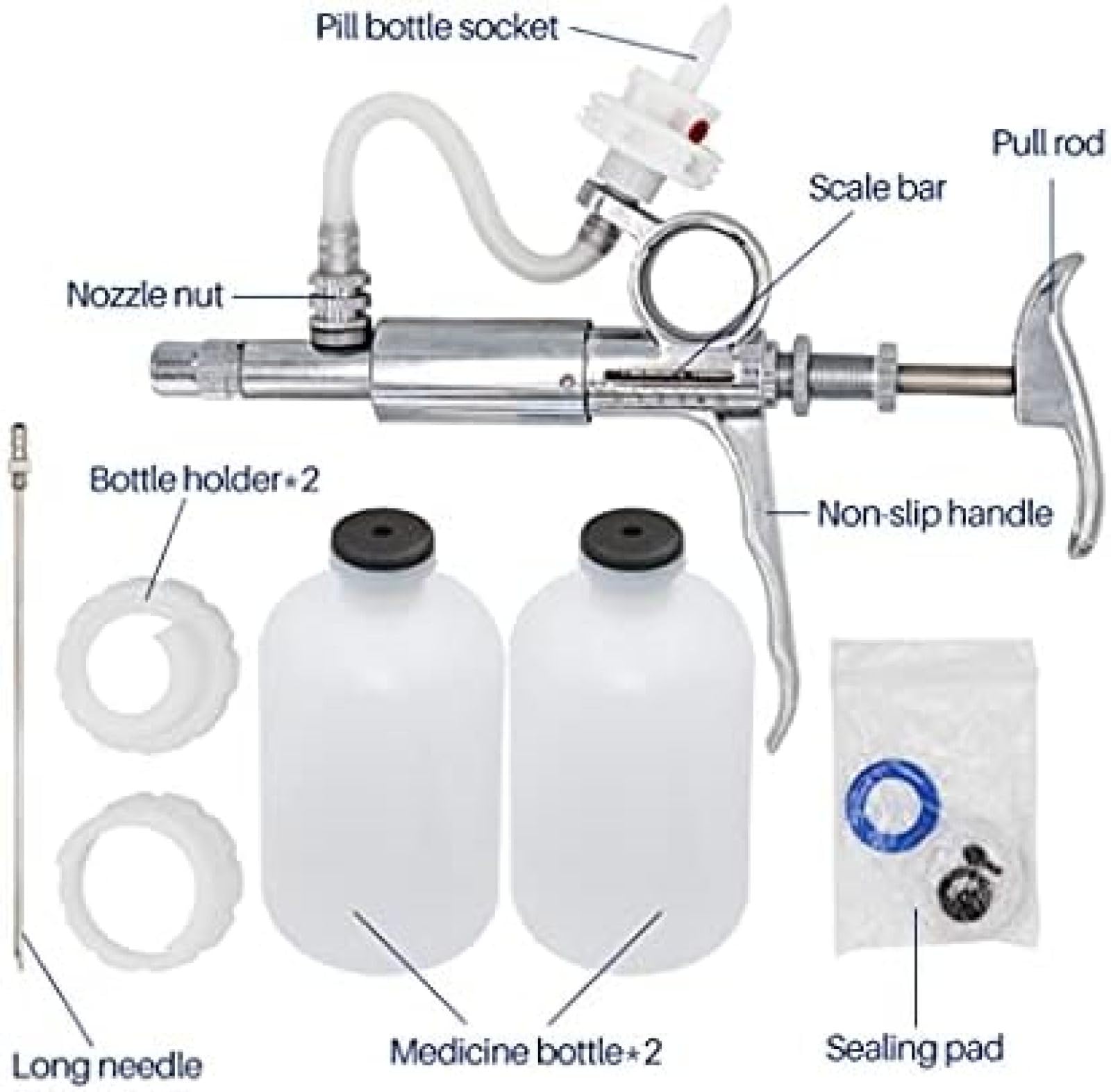 Inyector De Pistola De Jeringa Para Ganado, Jeringa Continua Automática Para Ganado De 2/5 ML, Equipo Veterinario Con Botellas Vacunación Metal Multifunción Granja Veterinaria Pollo Oveja Caballo,