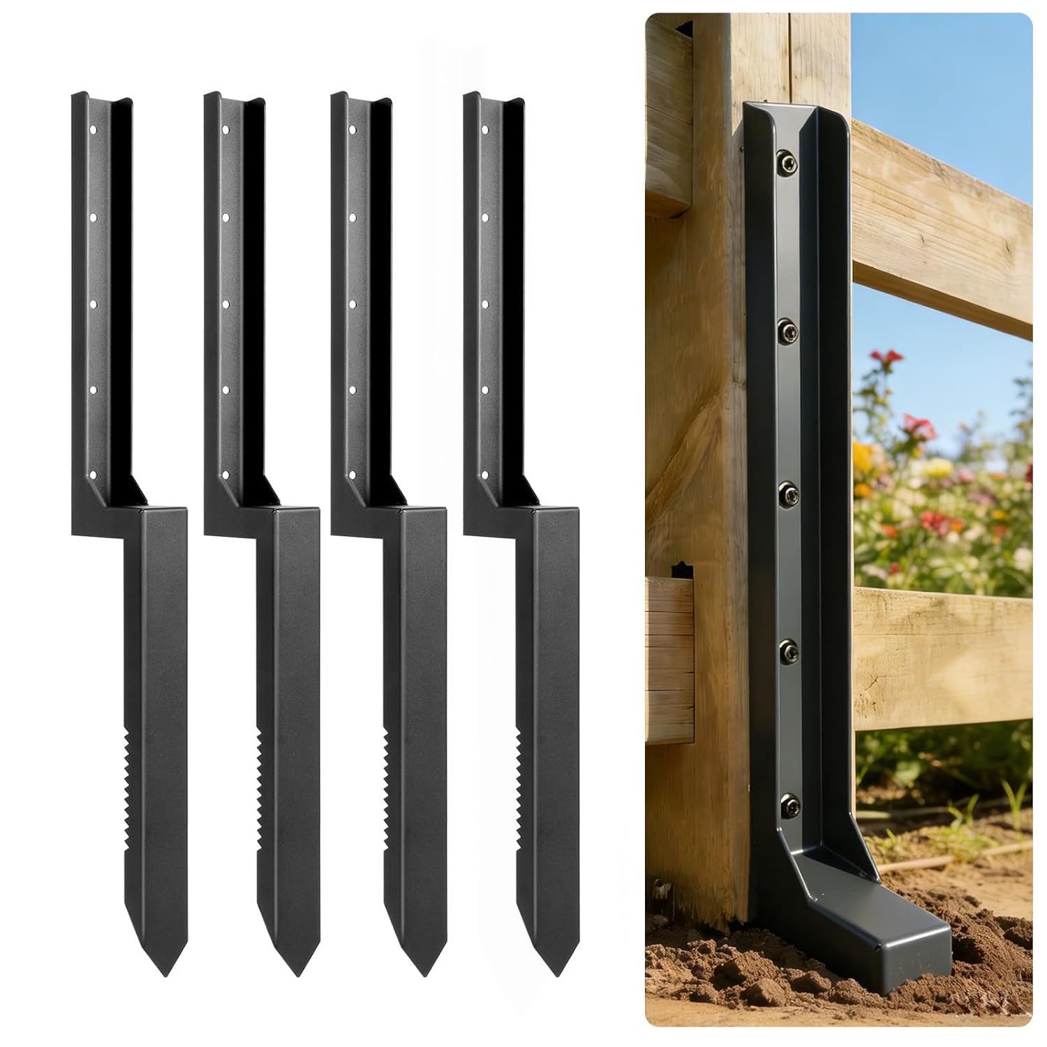 LQSYBHD Fence Post Repair Stake with Serrated Edge Heavy Duty Steel Metal Fence Post Repair 31.5 In Quick Repair for Leaning and Broken Wooden Posts Ground Spike(Size:4pcs)