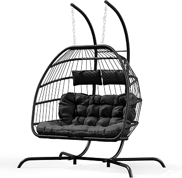Warmiehomy Swing Egg Chair with Stand 2 Seater Hanging Chair with Cushion PE Wicker Rattan Double Hammock Chairs with Stand Indoor Outdoor Foldable Egg Chairs for Garden, Patio, Balcony, Backyard