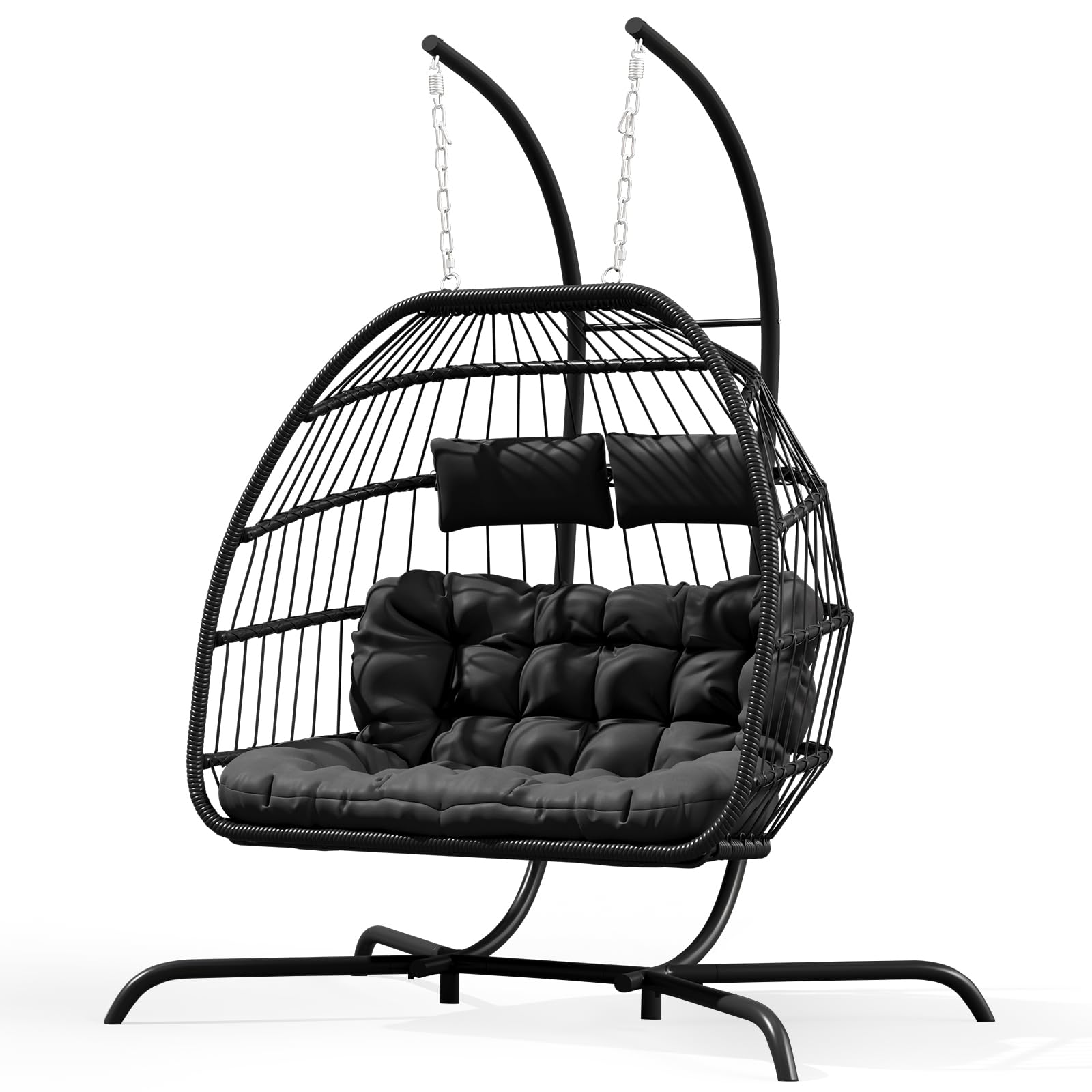 Warmiehomy Swing Egg Chair with Stand 2 Seater Hanging Chair with Cushion PE Wicker Rattan Double Hammock Chairs with Stand Indoor Outdoor Foldable Egg Chairs for Garden, Patio, Balcony, Backyard