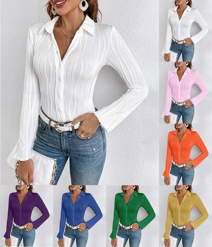 Camicia Plissettata Donna Manica Lunga Curvy Elegante Cerimonia Camice Avvitata Casacca Slim Fit Camicetta Blusa Aderente Chemisier Estiva Tessuto Morbido