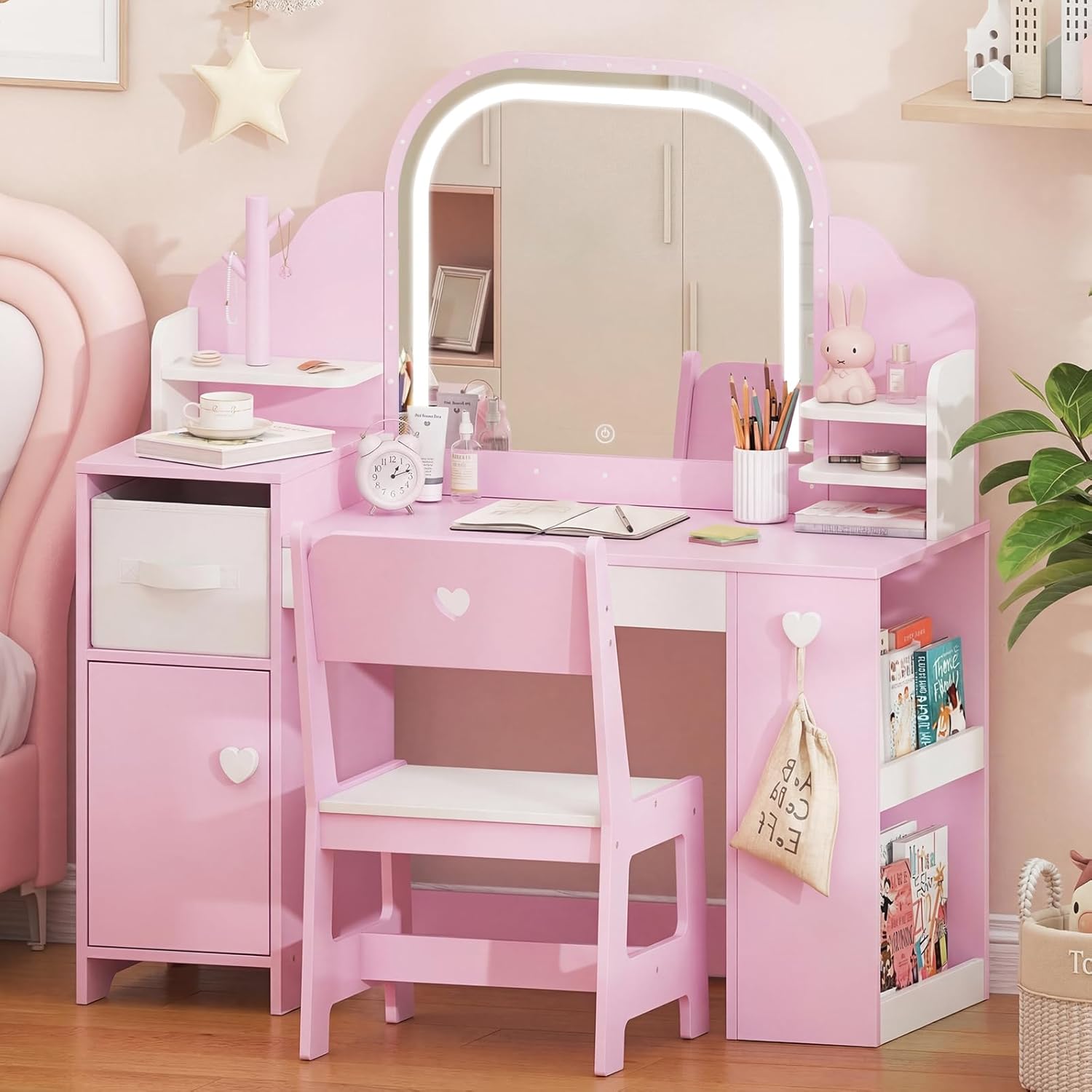 Kids Vanity with Lights and Chair, Princess Makeup Vanity Desk with Mirror Bookshelf Storage Cabinet,3 in 1 Toddler Vanity Table,Children Makeup Dressing Table,Pretend Play Vanity for Little Girl-Pink