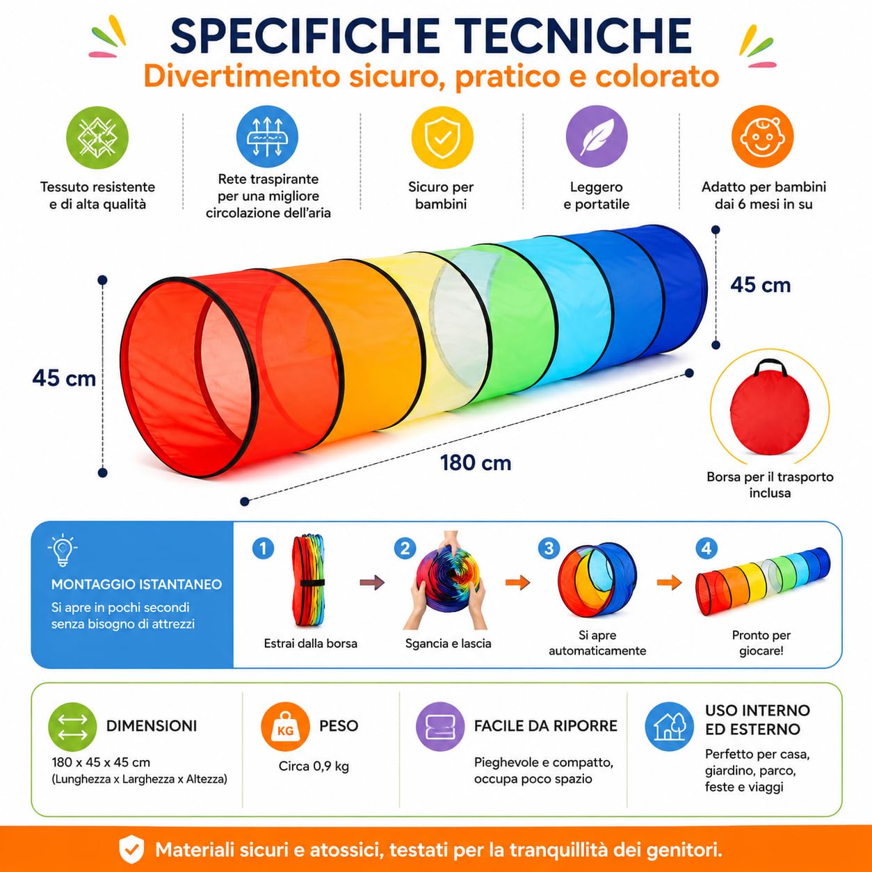 TUNSY Tunnel Strisciare per Bambini, Tessuto Traspirante e Resistente con Inserti in Rete, 180x45x45 cm, Arcobaleno, Leggero e Pieghevole, Montaggio Senza Attrezzi