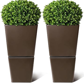 T4U Tall Planter for Outdoor Plants 2 Pack, Large Plastic Pots Brown | Patio porch deck use, Stackable design with wheels, Vegetables herbs shrubs, Weather resistant durable