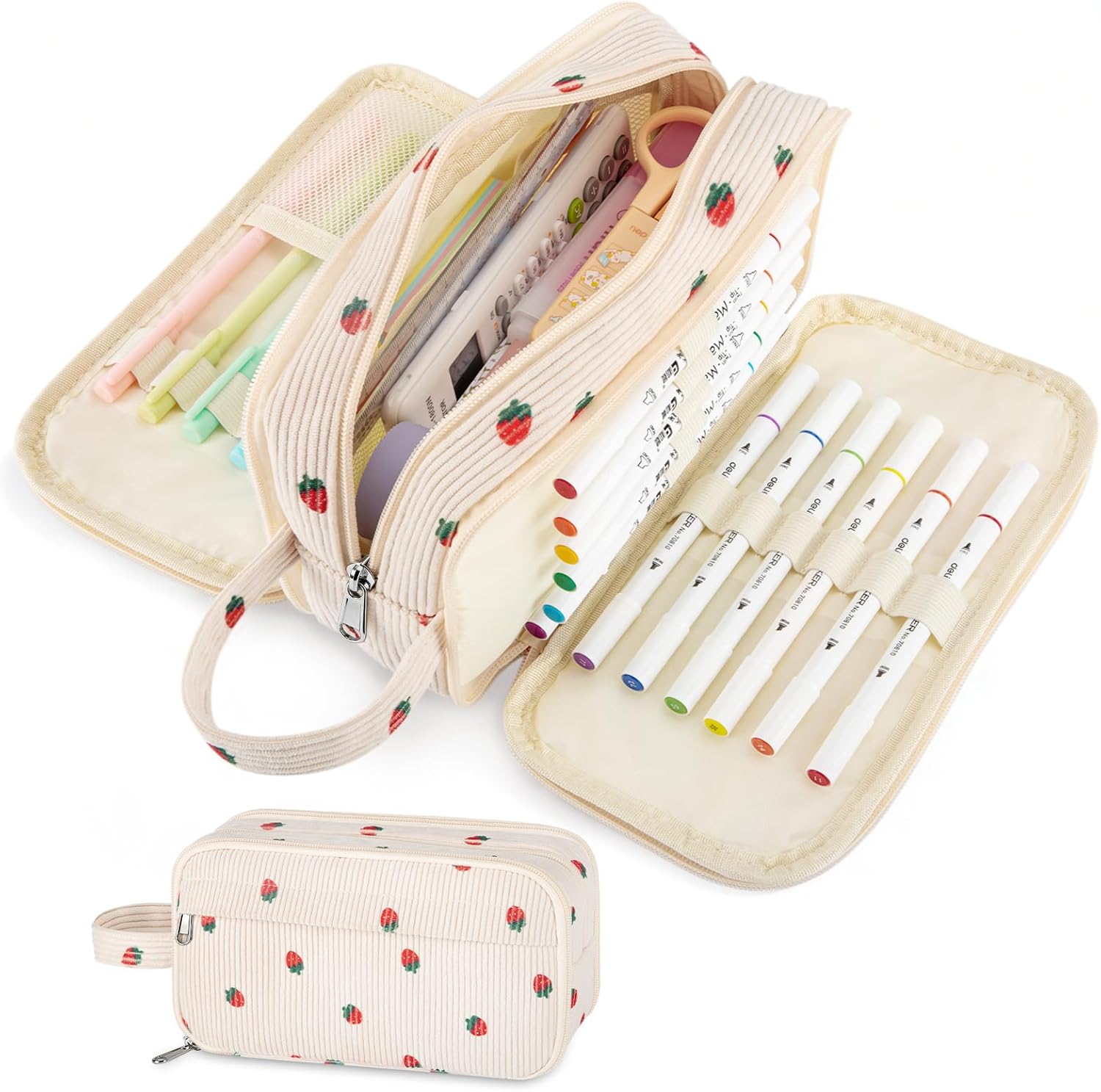 Cute Corduroy Pencil Case with Handle, Extra Large 4 Compartment Multiple Pockets Aesthetic Pencil Pouch Organizer for Teen Girls, School & College Supplies (Beige Strawberry)