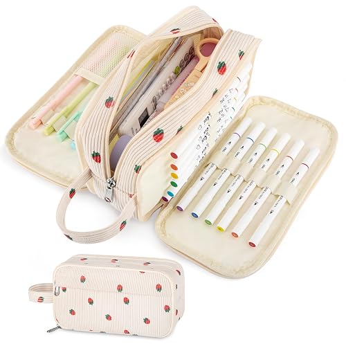 YILANCOL Cute Corduroy Pencil Case Pouch with Handle,Extra Large 4 Compartment Aesthetic Pen Case Pouch Organizer Gifts for Teen Girls,School,College,Birthday Gifts (Beige Strawberry)