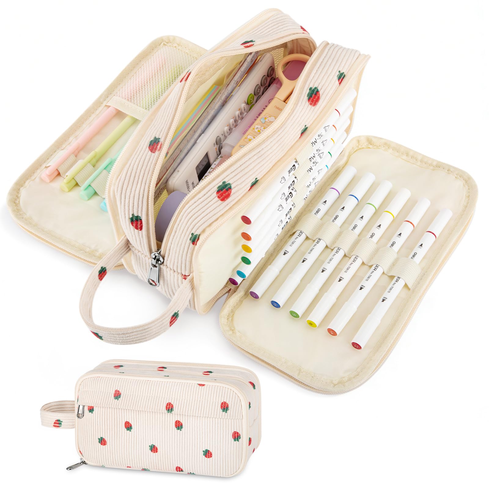 Cute Corduroy Pencil Case with Handle, Extra Large 4 Compartment Multiple Pockets Aesthetic Pencil Pouch Organizer for Teen Girls, School & College Supplies (Beige Strawberry)