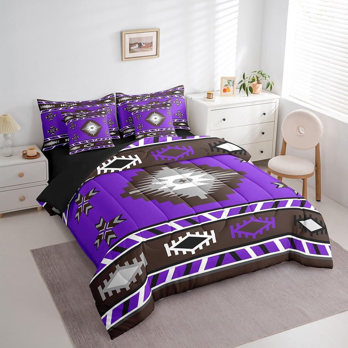 Erosebridal Southwestern 7 Piece Comforter Set Full Bed in a Bag,Rustic Tribal Aztec Bedding Sets for Kids Boys Girls Exotic Boho Geometric Vintage Ethnic Mexican Style Sheet Set with Comforter