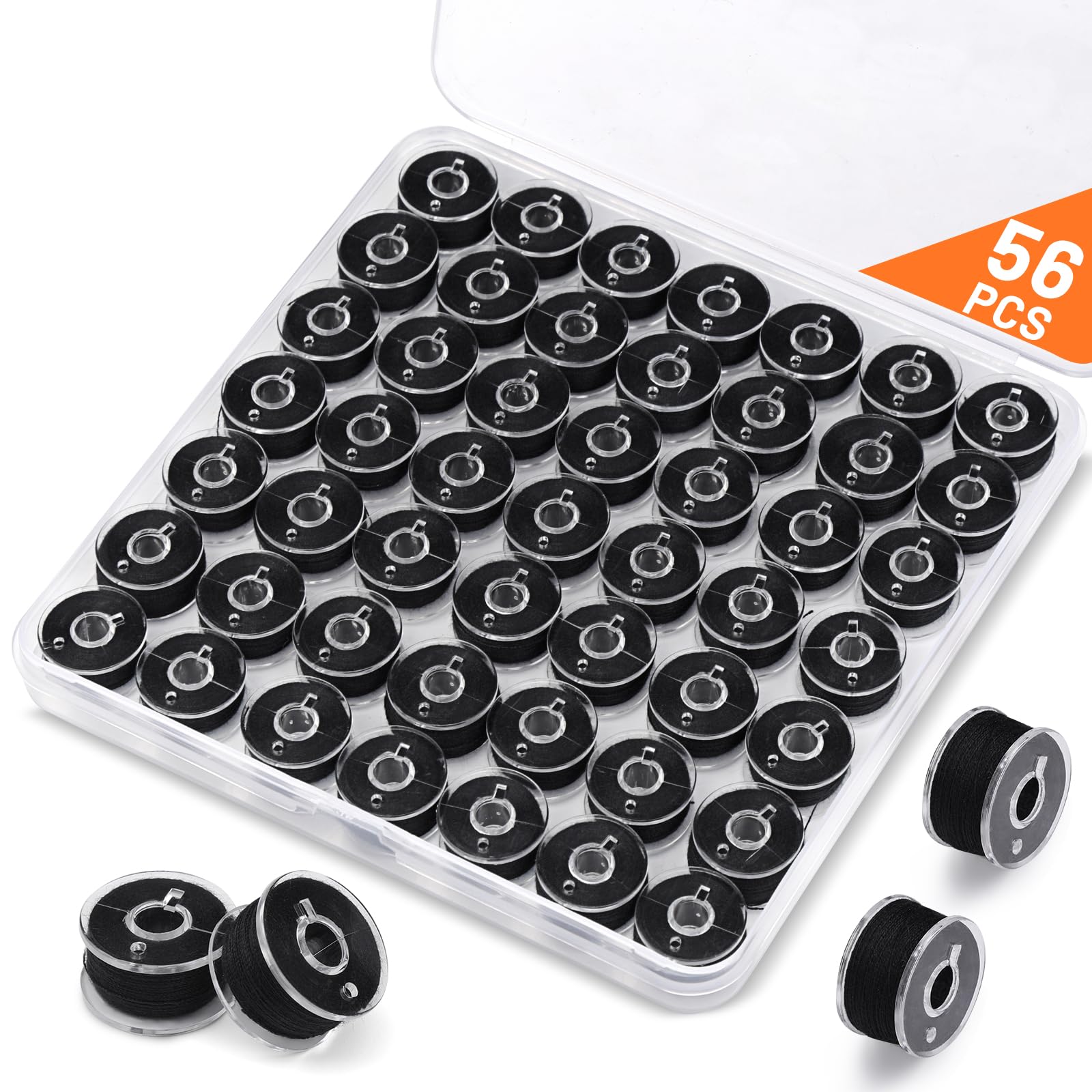 56 Pcs Bobbins for Sewing Machine Bobbins, Black Sewing Machine Thread with Bobbin Case, Sewing Thread Pre-Wound Bobbins Sewing Machine Accessories for Handheld Sewing Machine, Embroidery Machine
