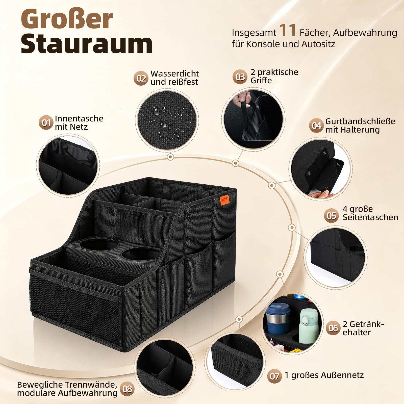 Auto Organizer – stabil, faltbar – 9 Fächer, 2 Getränkehalter – auto organizer für Rücksitz & Beifahrersitz – viel Platz – ideal für Reisen (Schwarz)