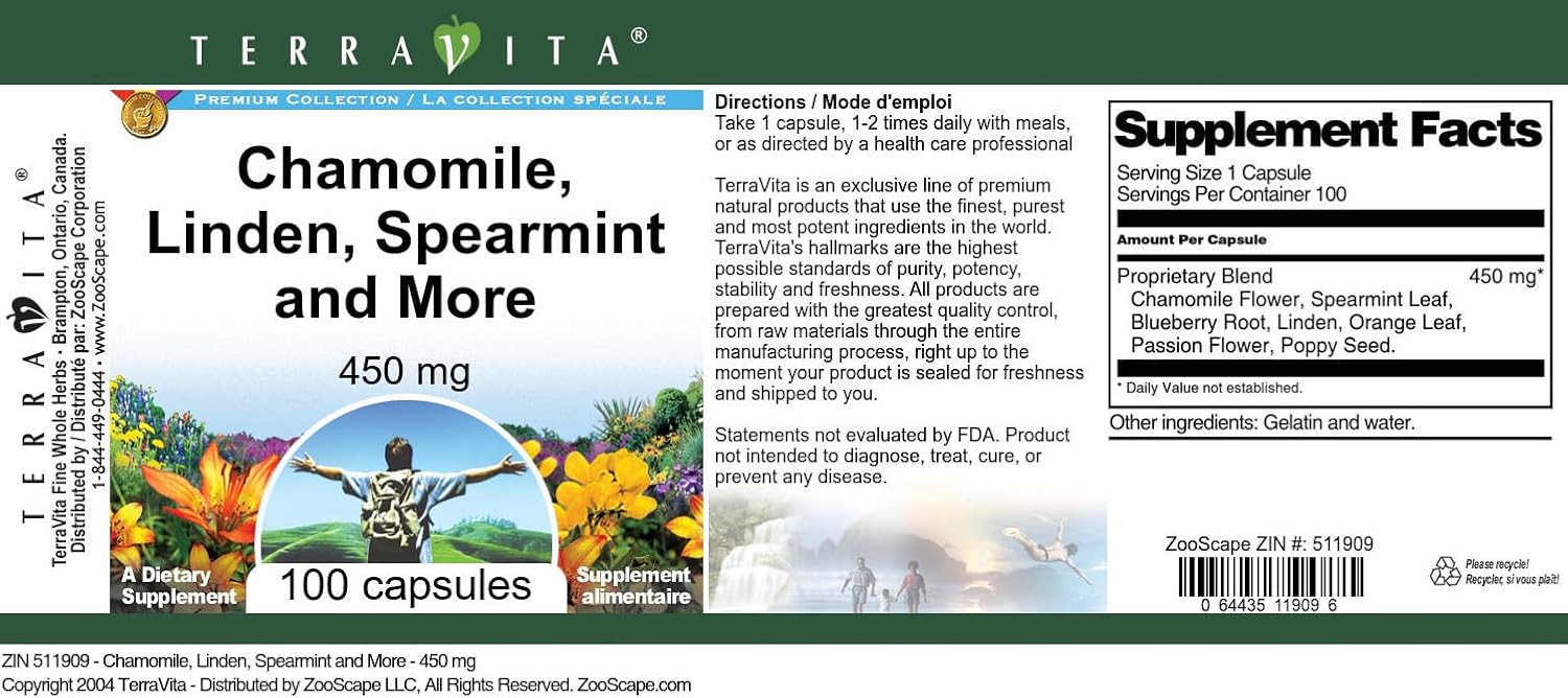 Chamomile, Linden, Spearmint and More - 450 mg (100 Capsules, ZIN: 511909) - 3 Pack