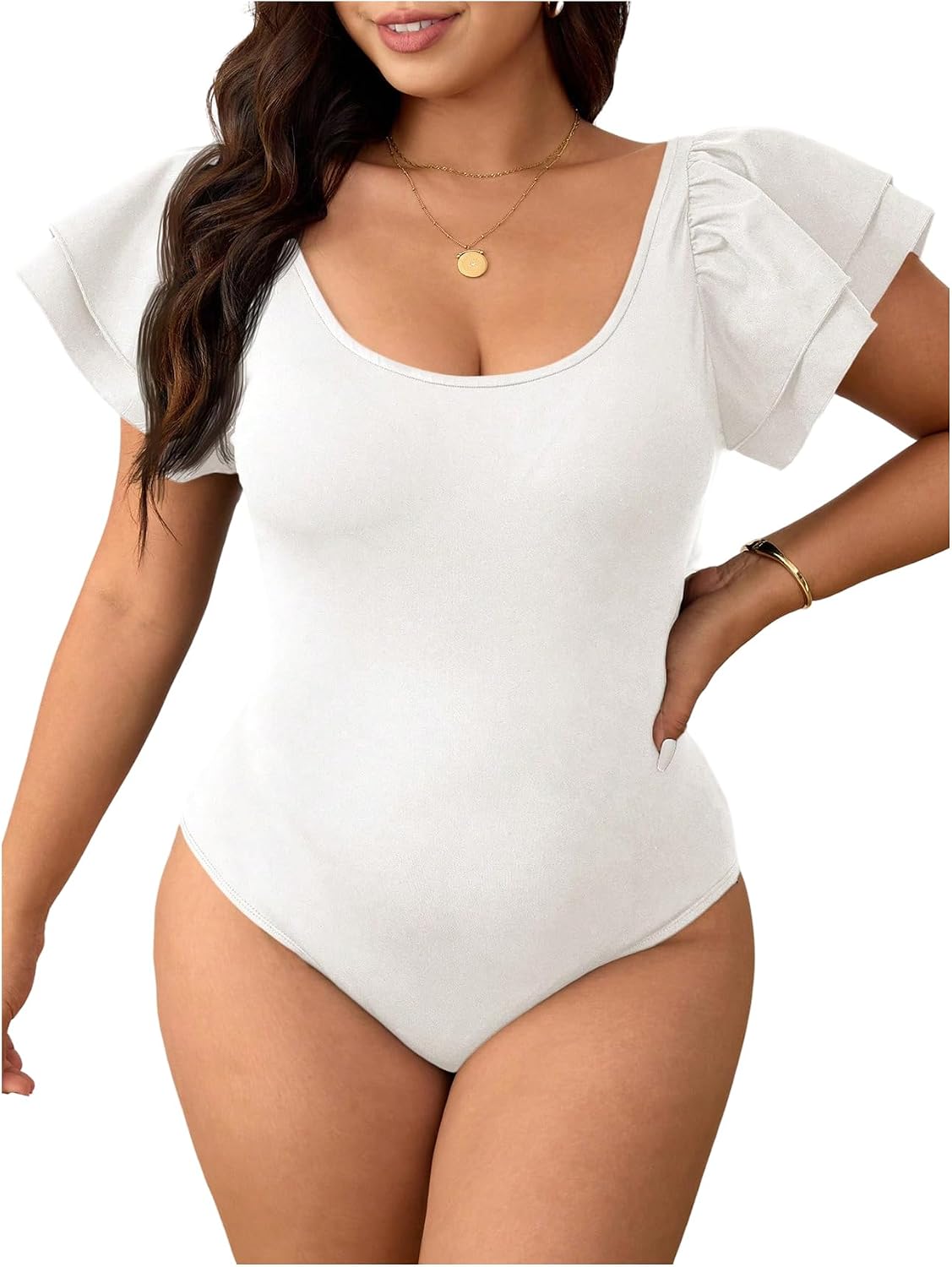 OYOANGLE Women's Plus Size Ruffle Short Sleeve Bodysuits Scoop Neck Slim Fitted Bodysuit Tops