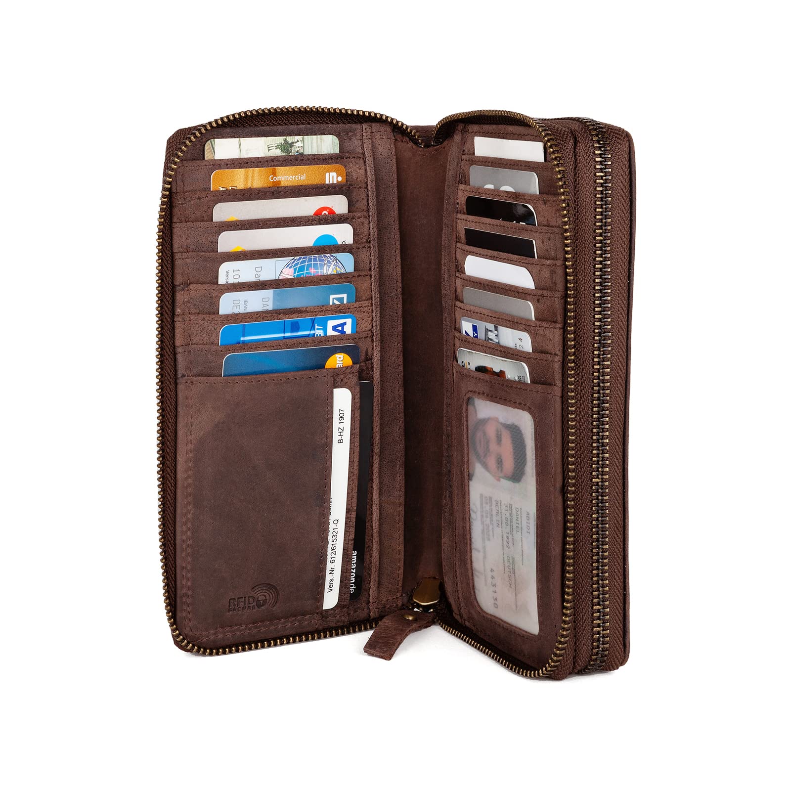 Billetera para Mujeres | Billetera XXL de Cuero Genuino | Doble Cremallera | Protección RFID | Compartimento Monedas | 29 Compartimentos para Tarjetas | Cartera para Mujer