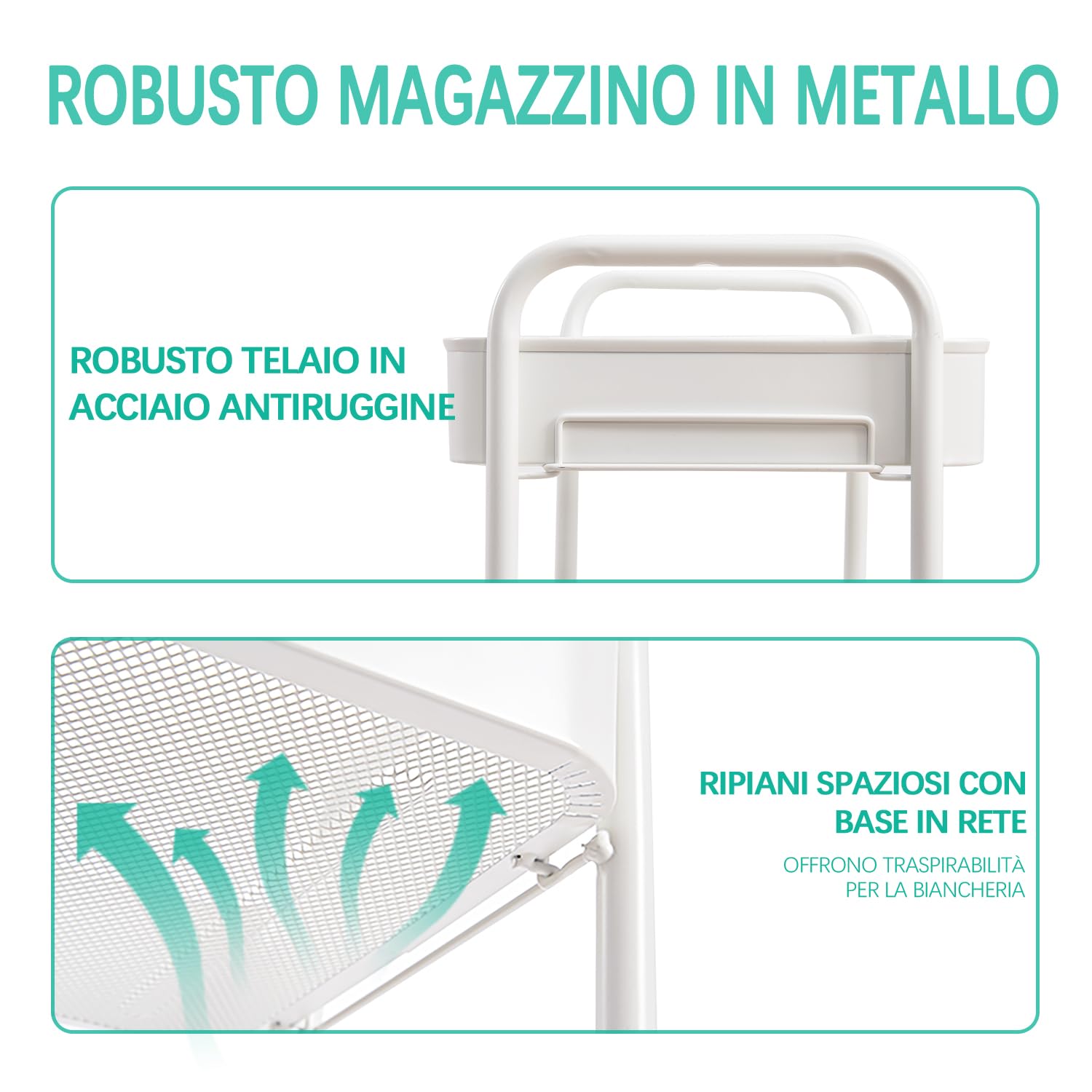 KINGRACK Carrello da cucina, carrello a rotelle a 3 piani, in metallo, con ruote, maniglie per ufficio, salone, tutti i veicoli per cucina, bagno, cosmetici, senza viti, facile da montare (bianco)