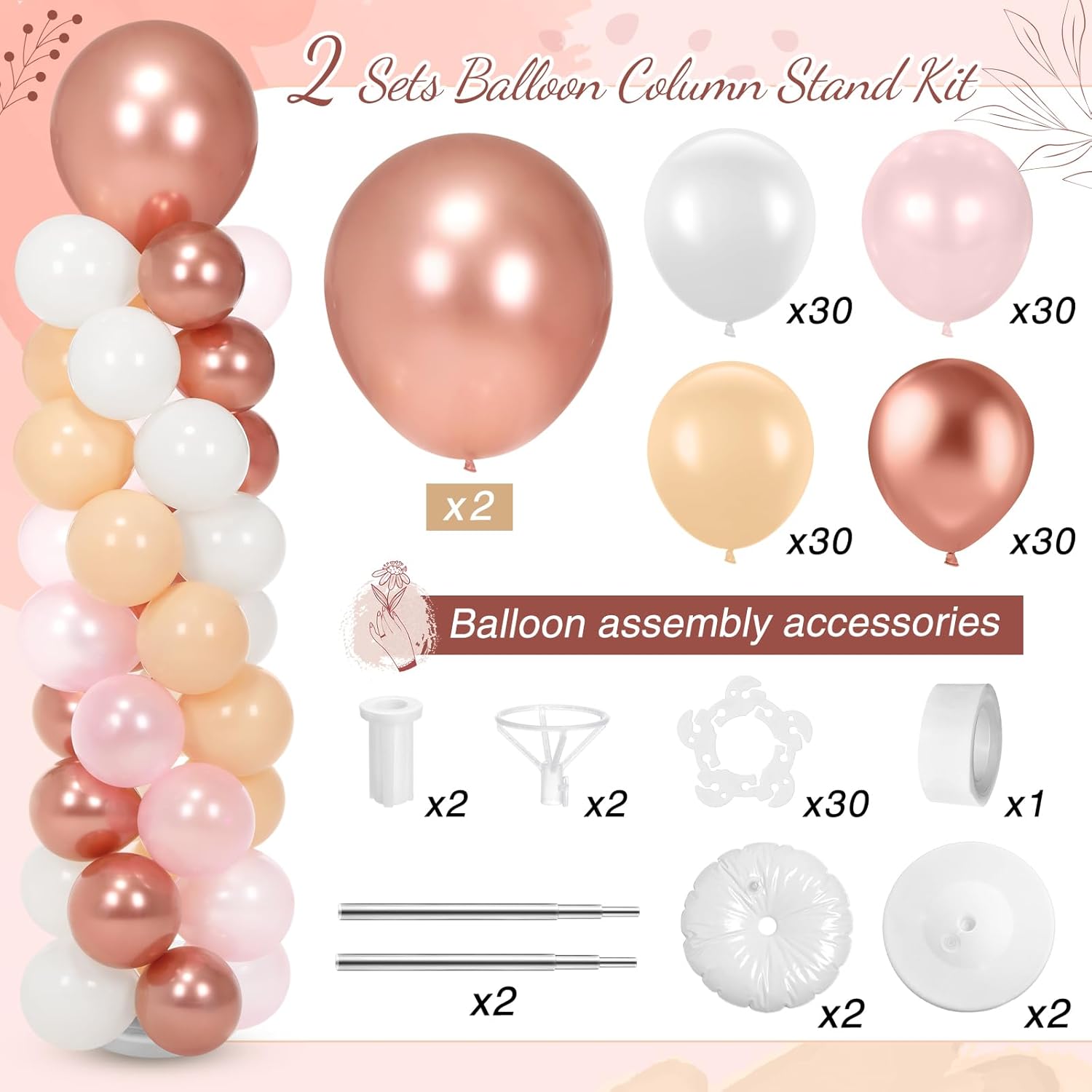 Jenaai 2 Sets 163 Pcs Pink Metallic Rose Gold Balloons Column Stand Kit Bridal Party Latex Balloons Adjustable Tower Stand for Graduation Bridal Shower Wedding Engagement Mothers Day Birthday Decor